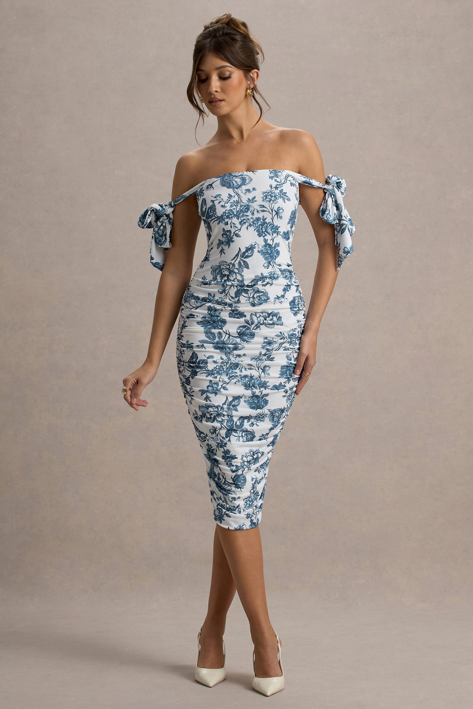 Blue Porcelain Print Bardot Bodycon Midi Dress With Bow Sleeves