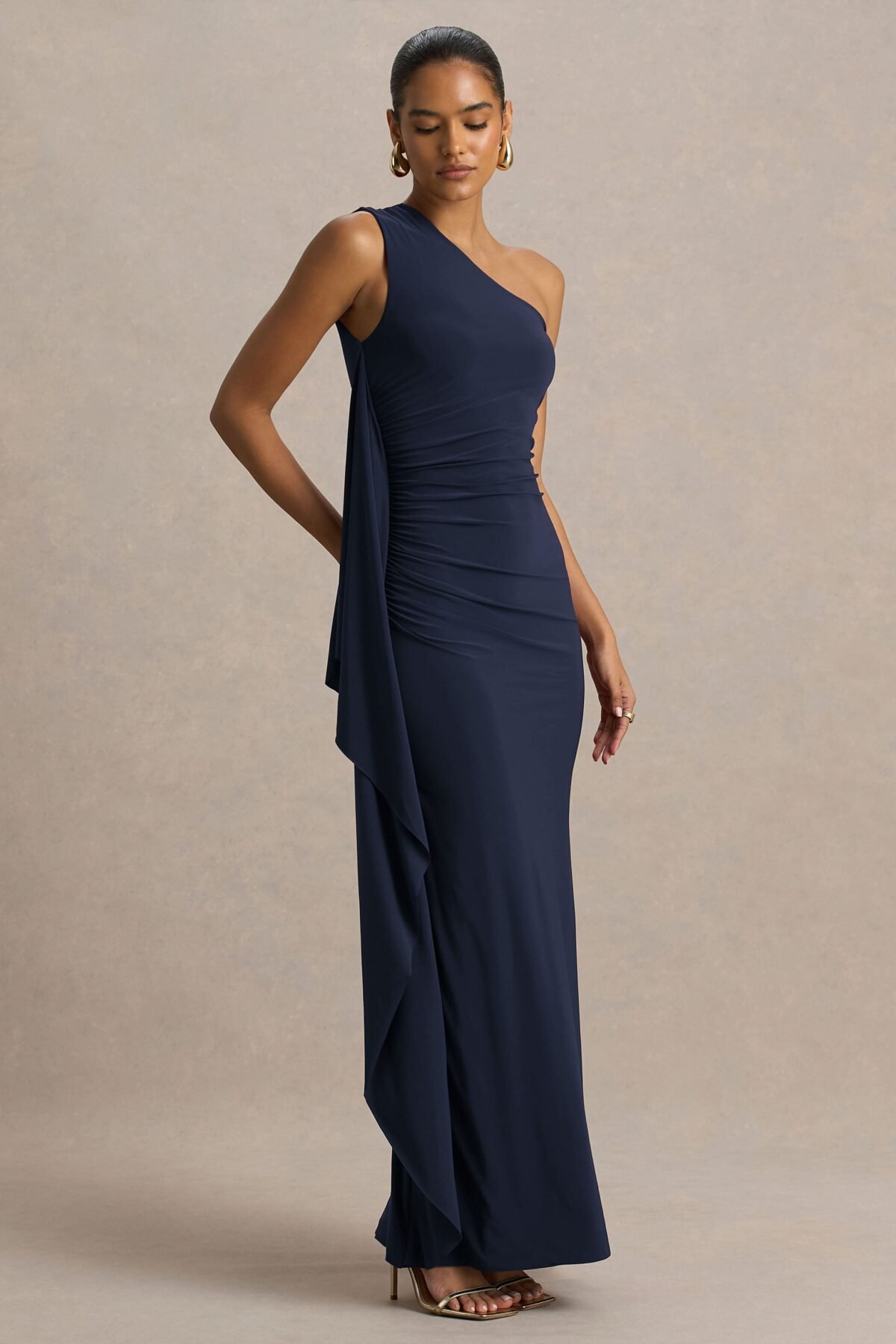 Navy One-Shoulder Maxi Dress With Drape