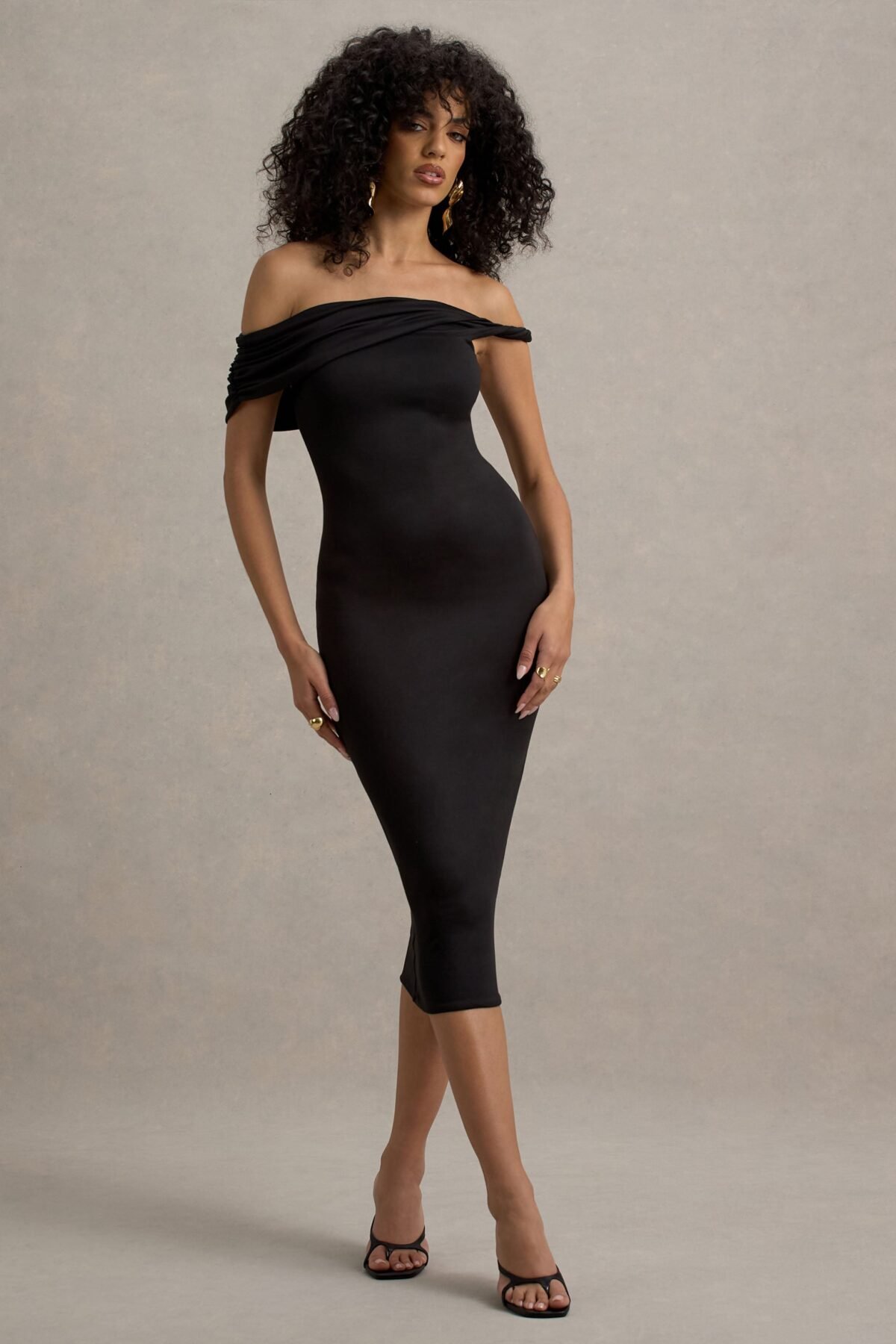 Black Twisted Bardot Midi Dress