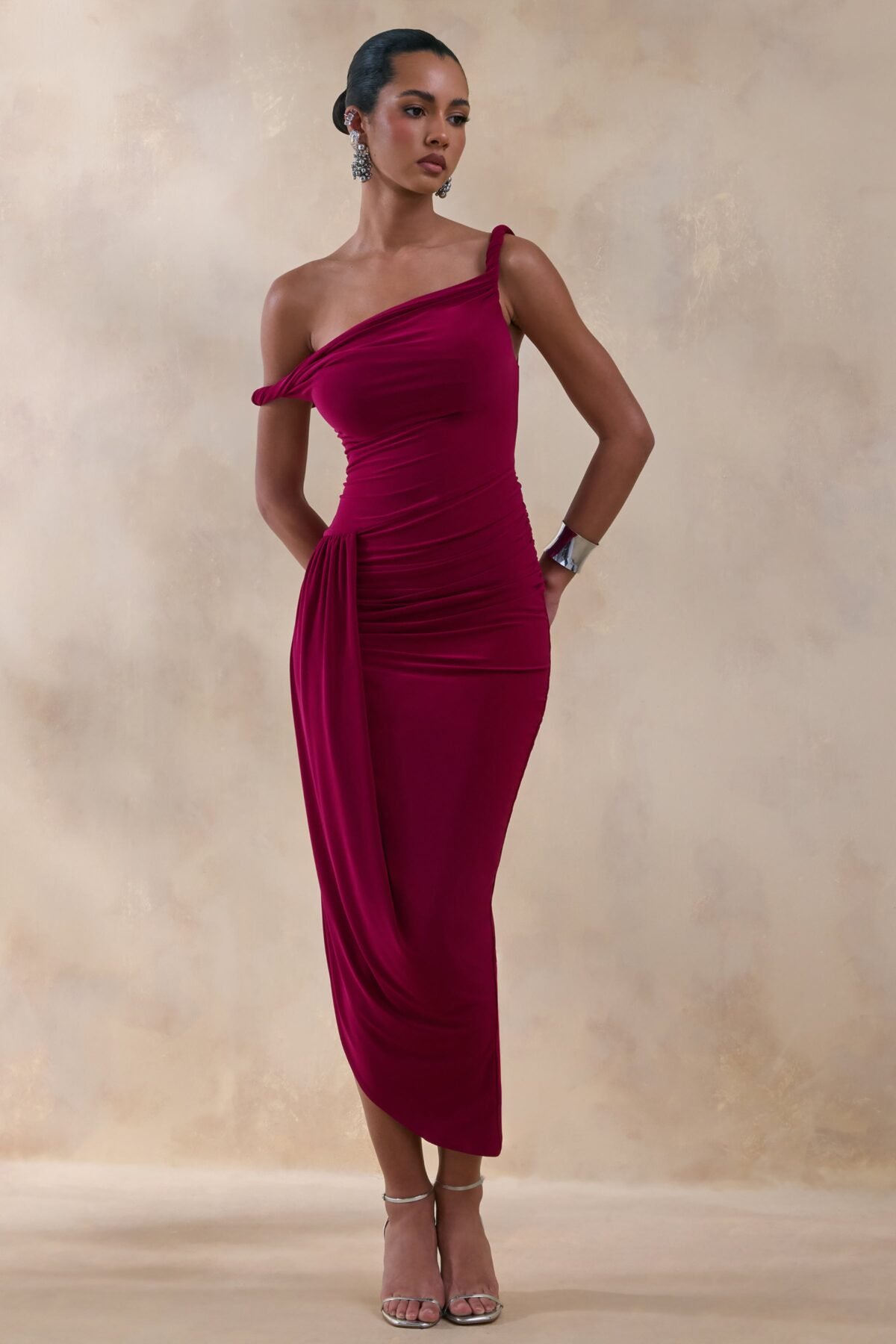 Burgundy Twisted Asymmetric Maxi Dress