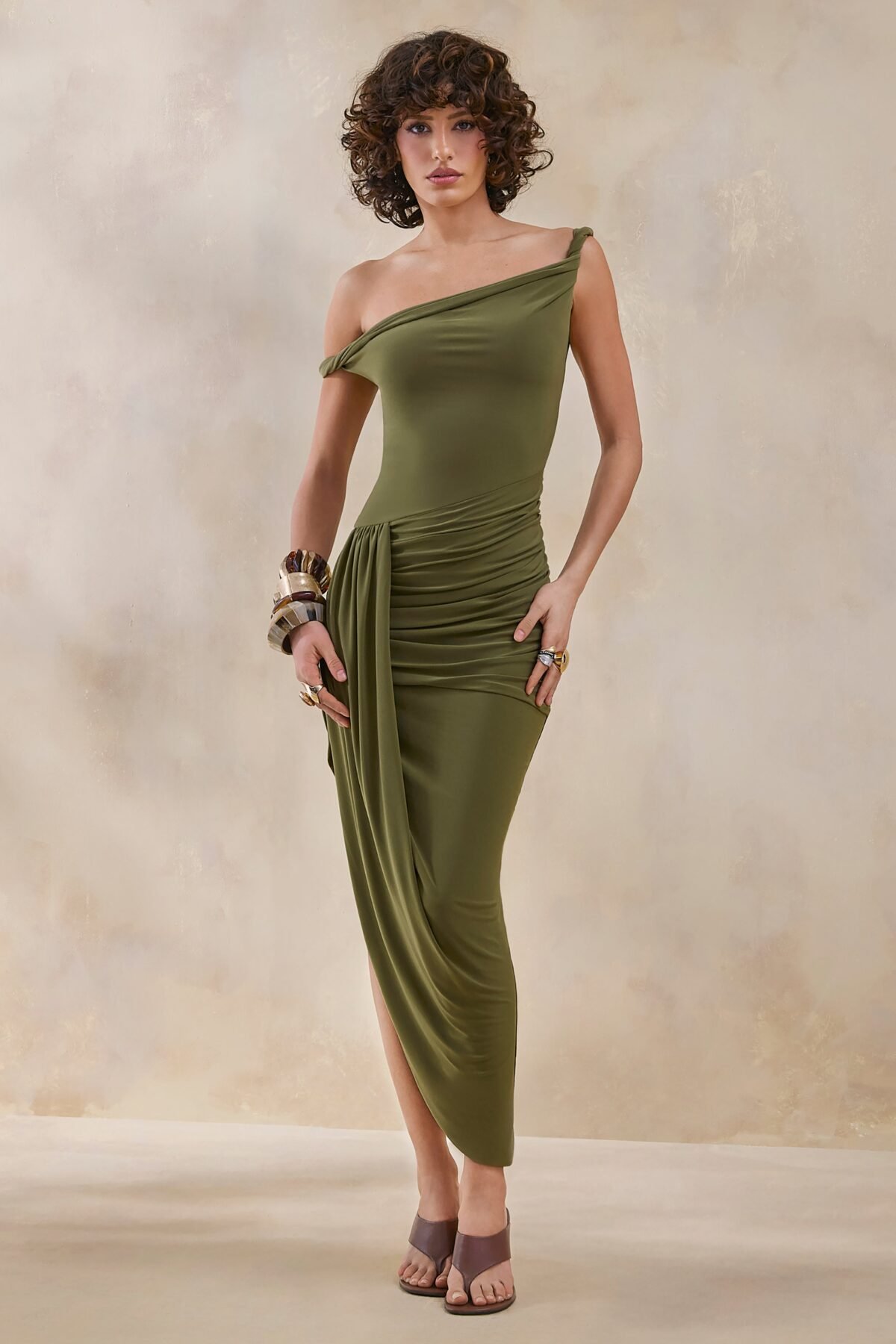 Olive Green Twisted Asymmetric Maxi Dress