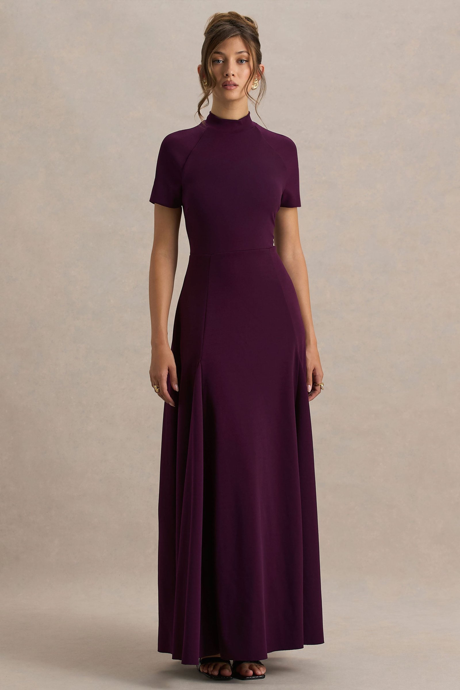 Burgundy High-Neck Short-Sleeve Maxi Dress