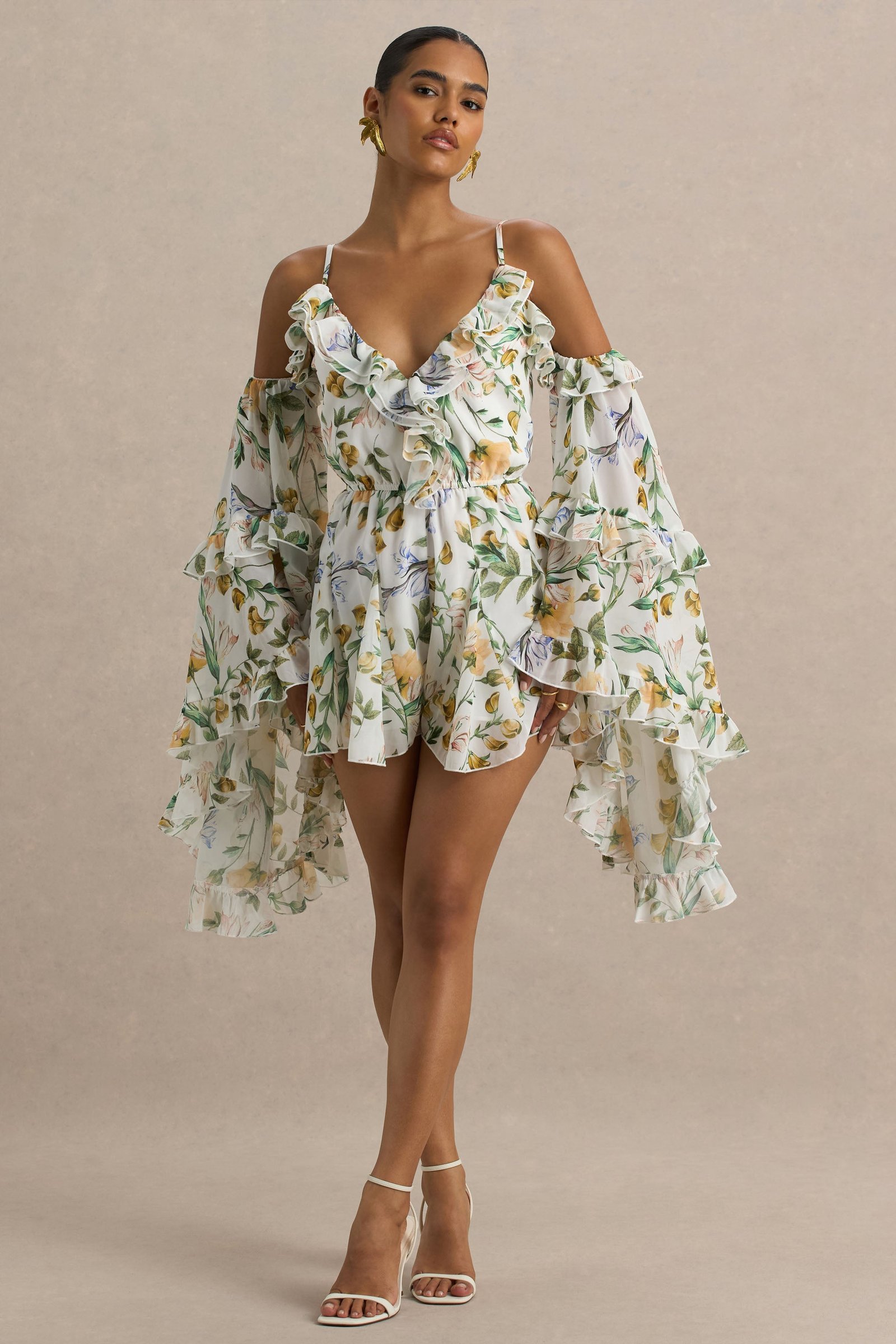 Lemon Floral Print Chiffon Playsuit With Long Sleeves