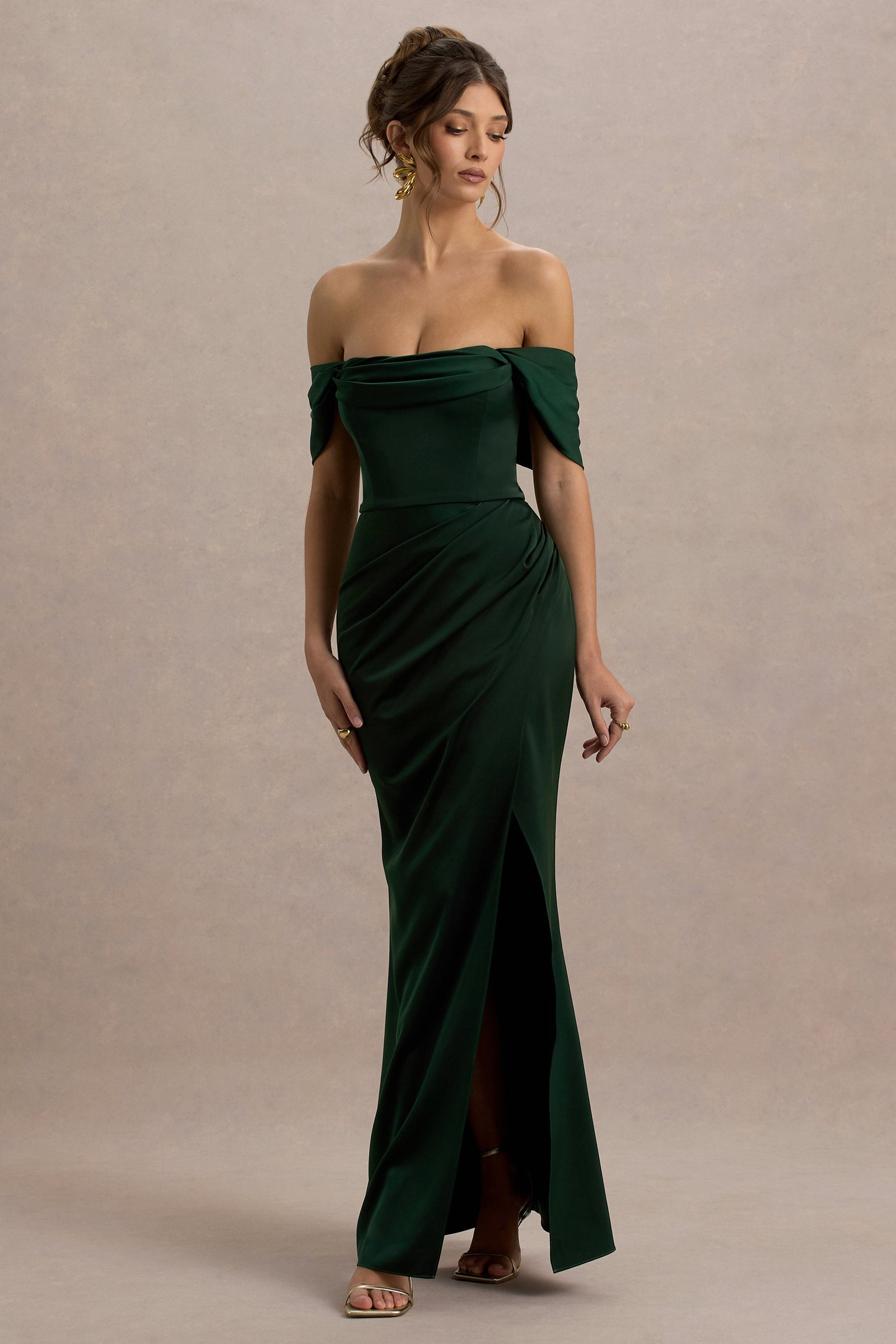 Bottle Green Satin Bardot Maxi Dress With Split Wrap Skirt