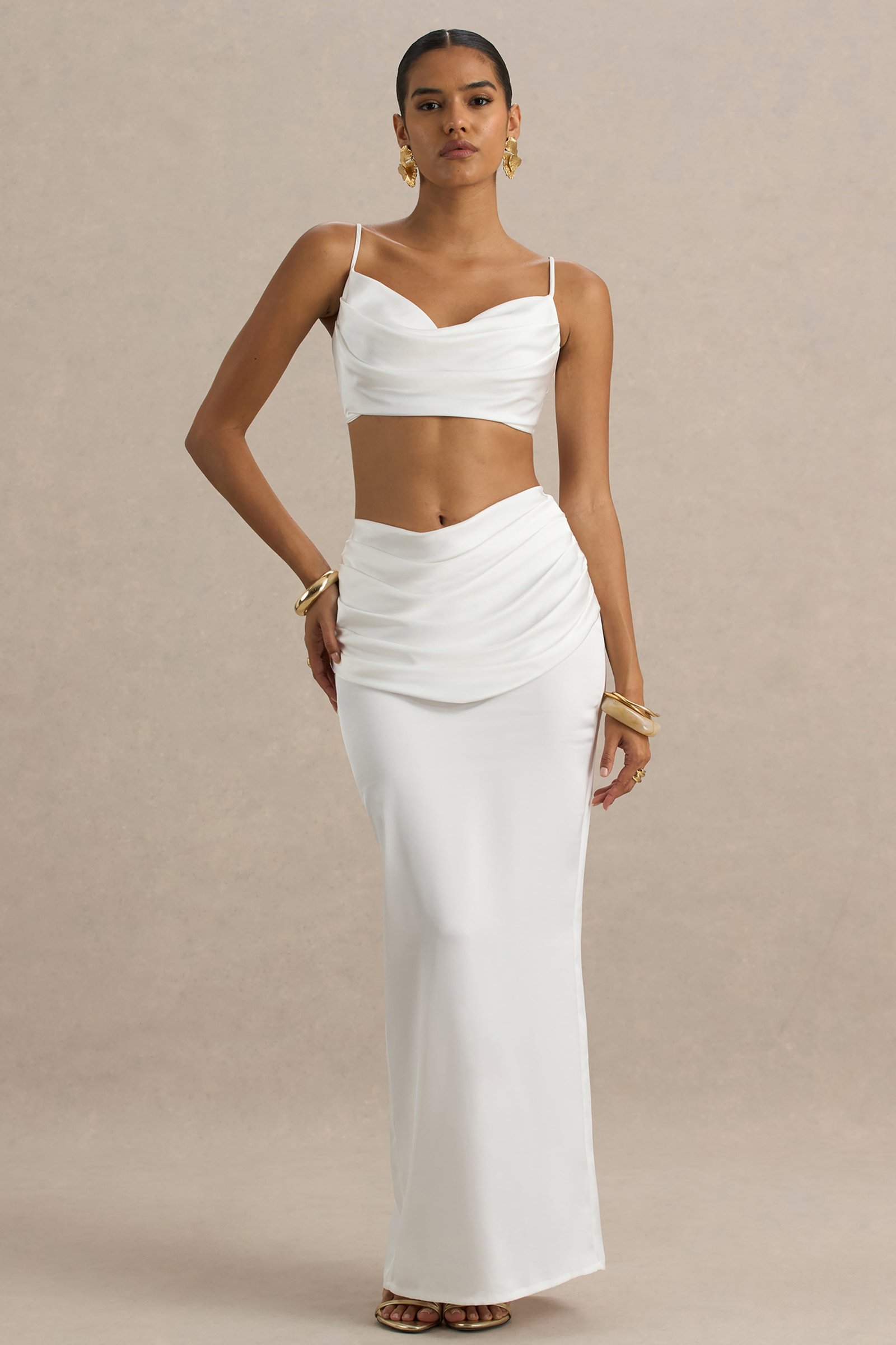 White Ruched Maxi Skirt