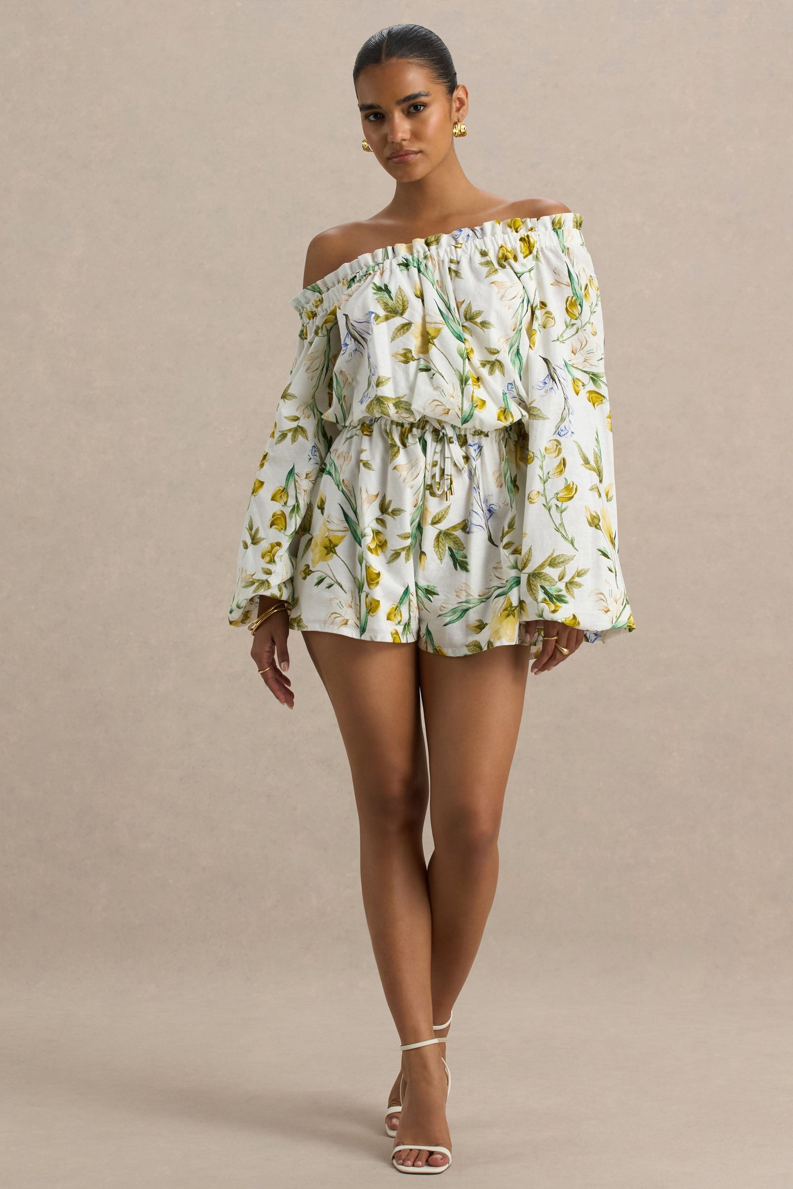 Lemon Floral Print Asymmetric Long-Sleeve Playsuit