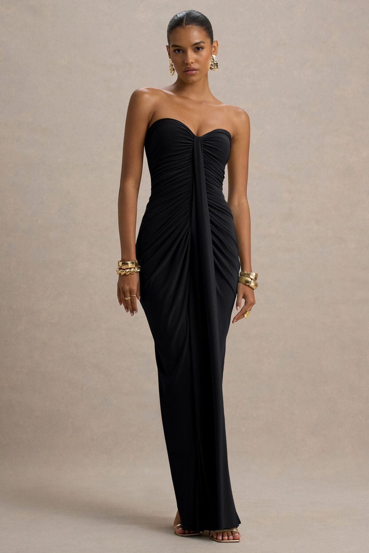 Black Sweetheart Ruched Wrap Maxi Dress