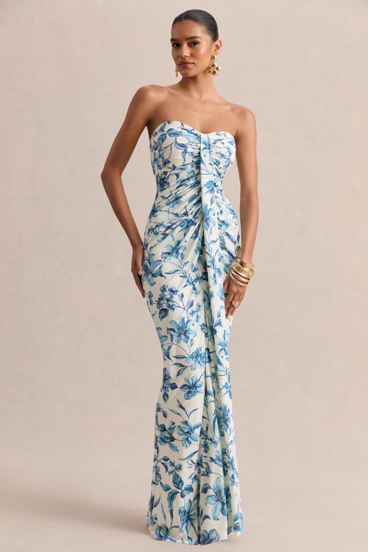 Blue Porcelain Print Sweetheart Ruched Wrap Maxi Dress