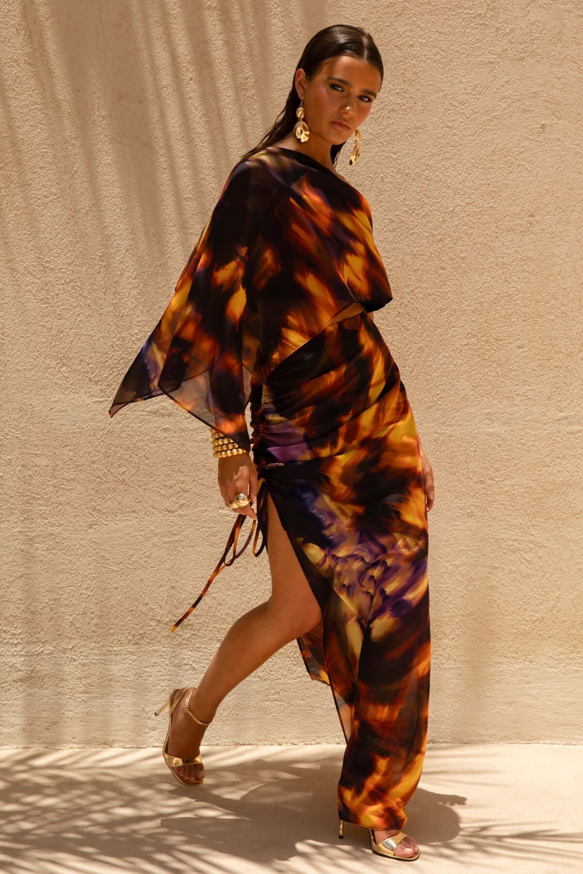 Smoke Print Asymmetric Maxi Skirt With Split