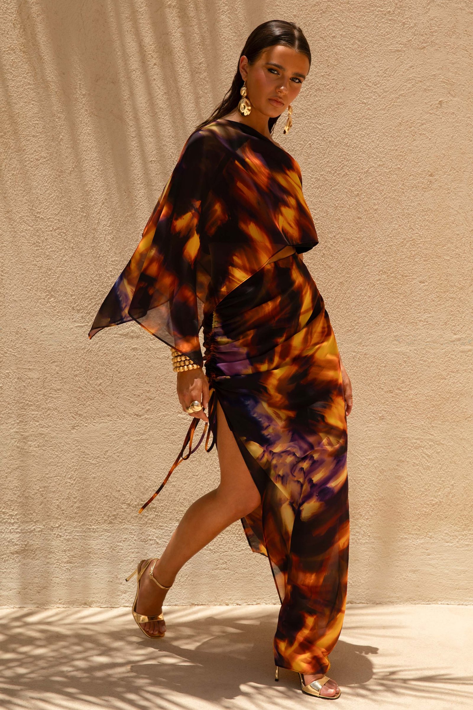 Smoke Print Asymmetric Maxi Skirt With Split