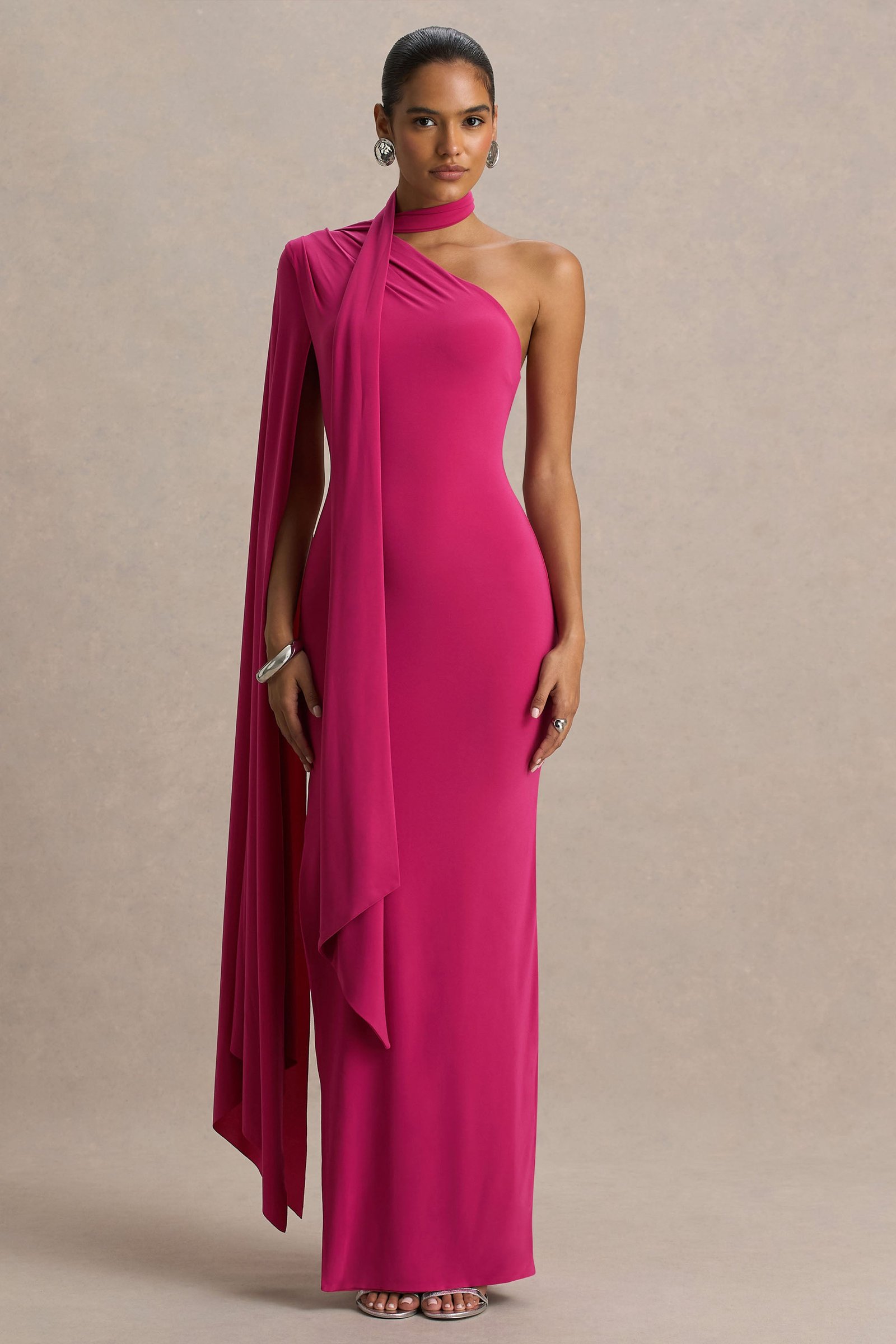 Hot Pink Asymmetric-Neck Maxi Dress With Scarf and Cape Detail