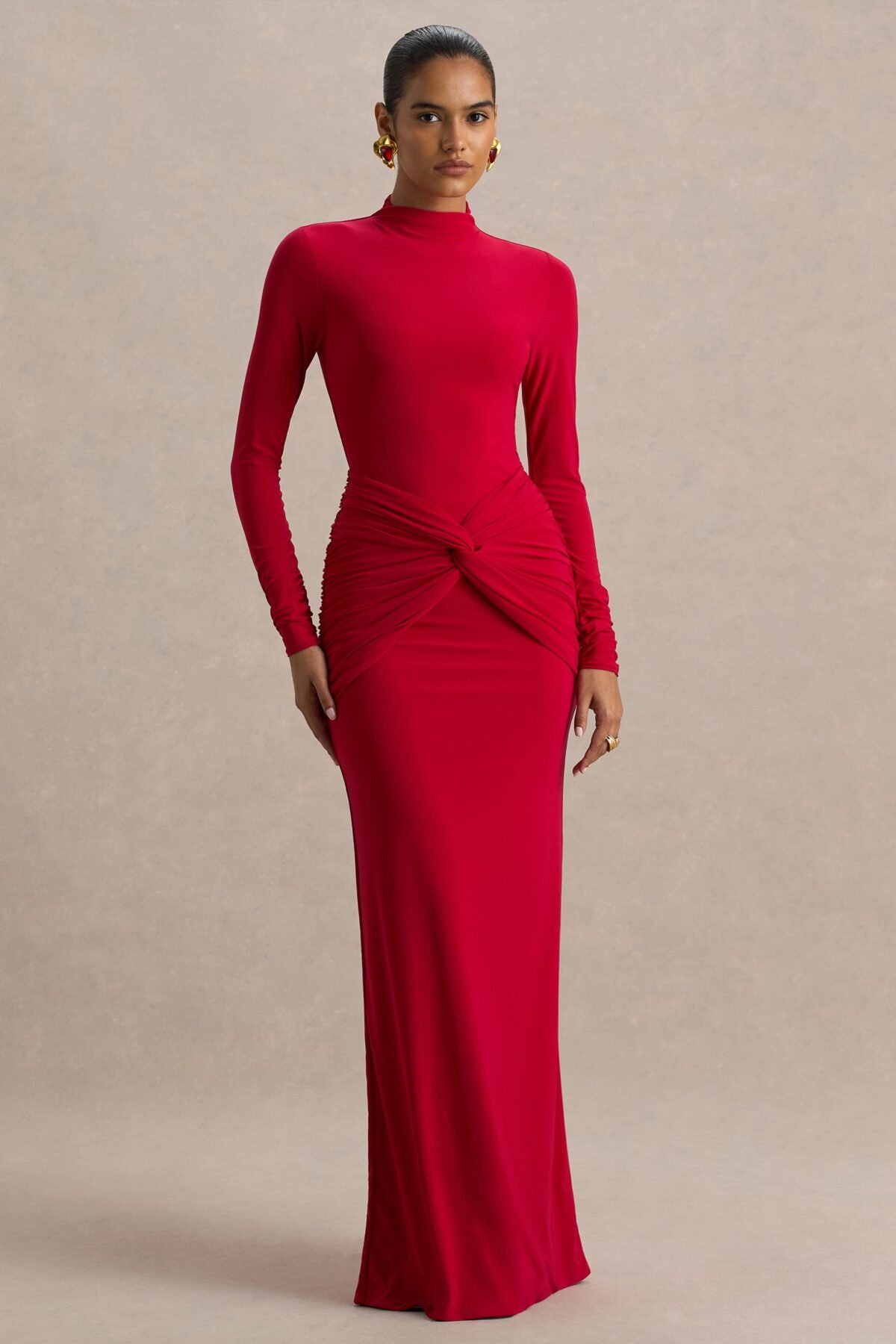 Red High-Neck Maxi Dress With Twist Detail