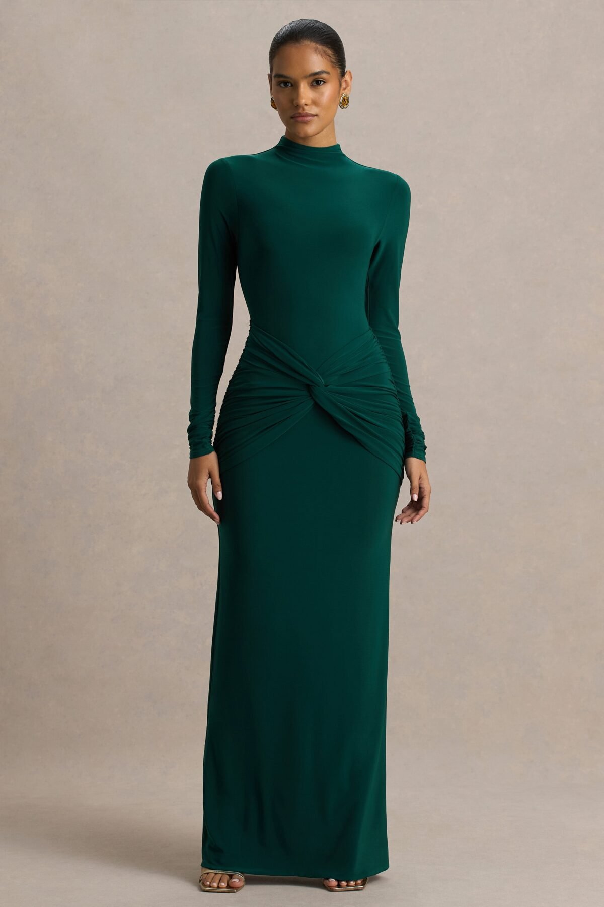 Bottle Green High-Neck Maxi Dress With Twist Detail