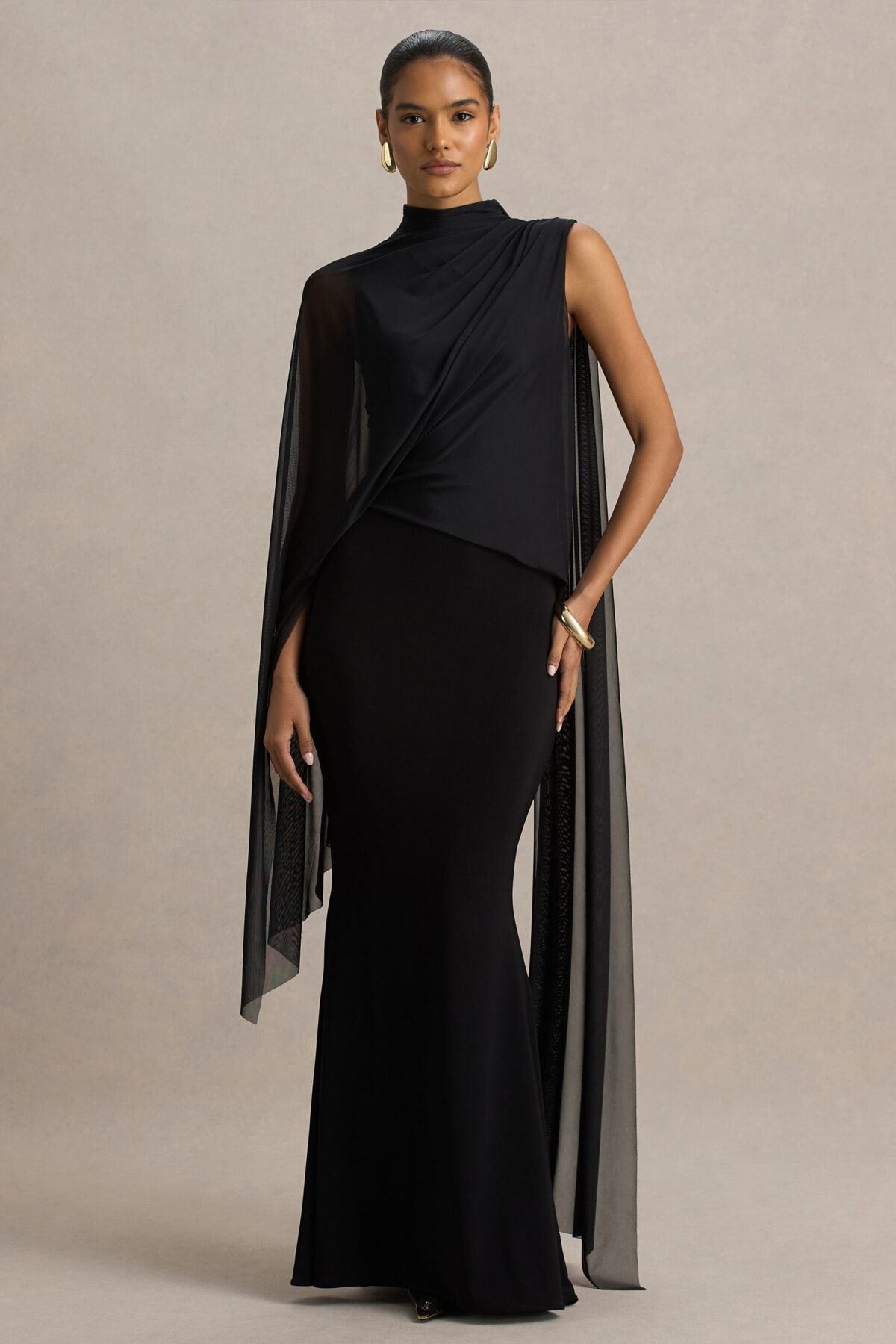 Black High-Neck Maxi Dress With Cape Sleeve Detail