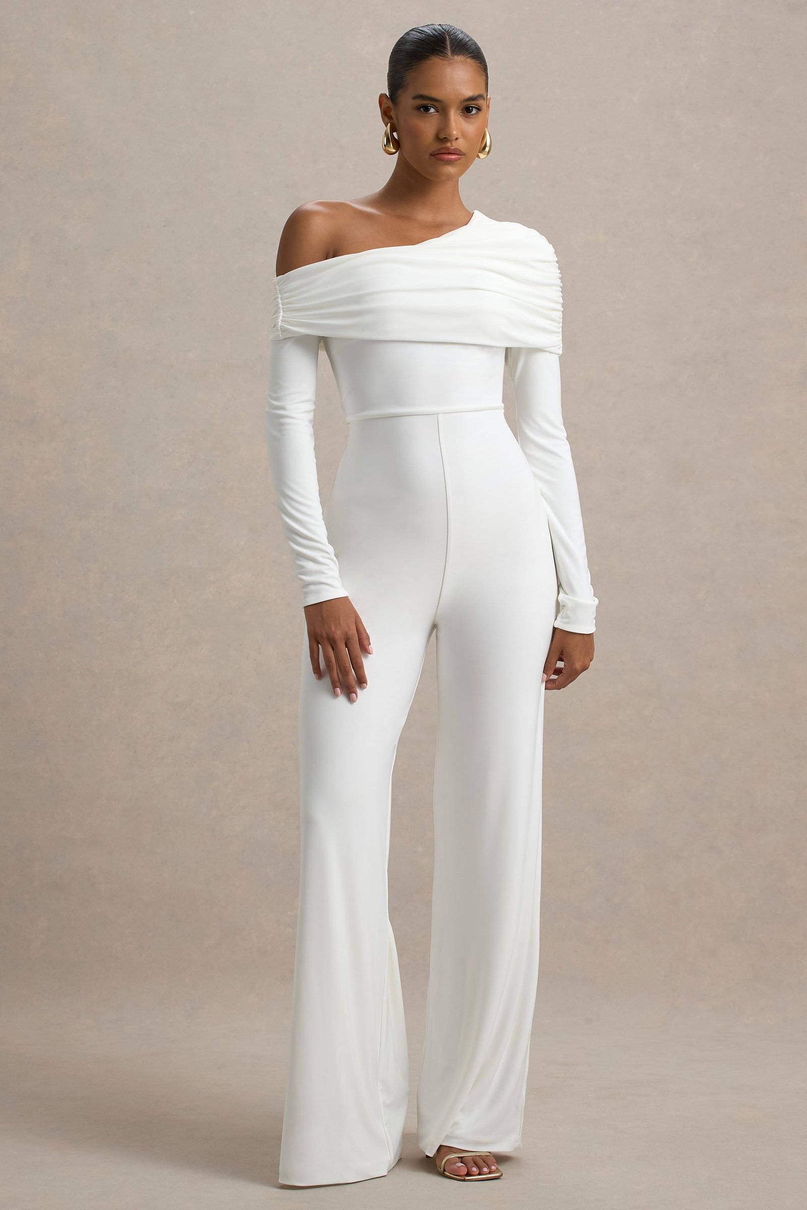 White Jumpsuit With Asymmetric Neckline