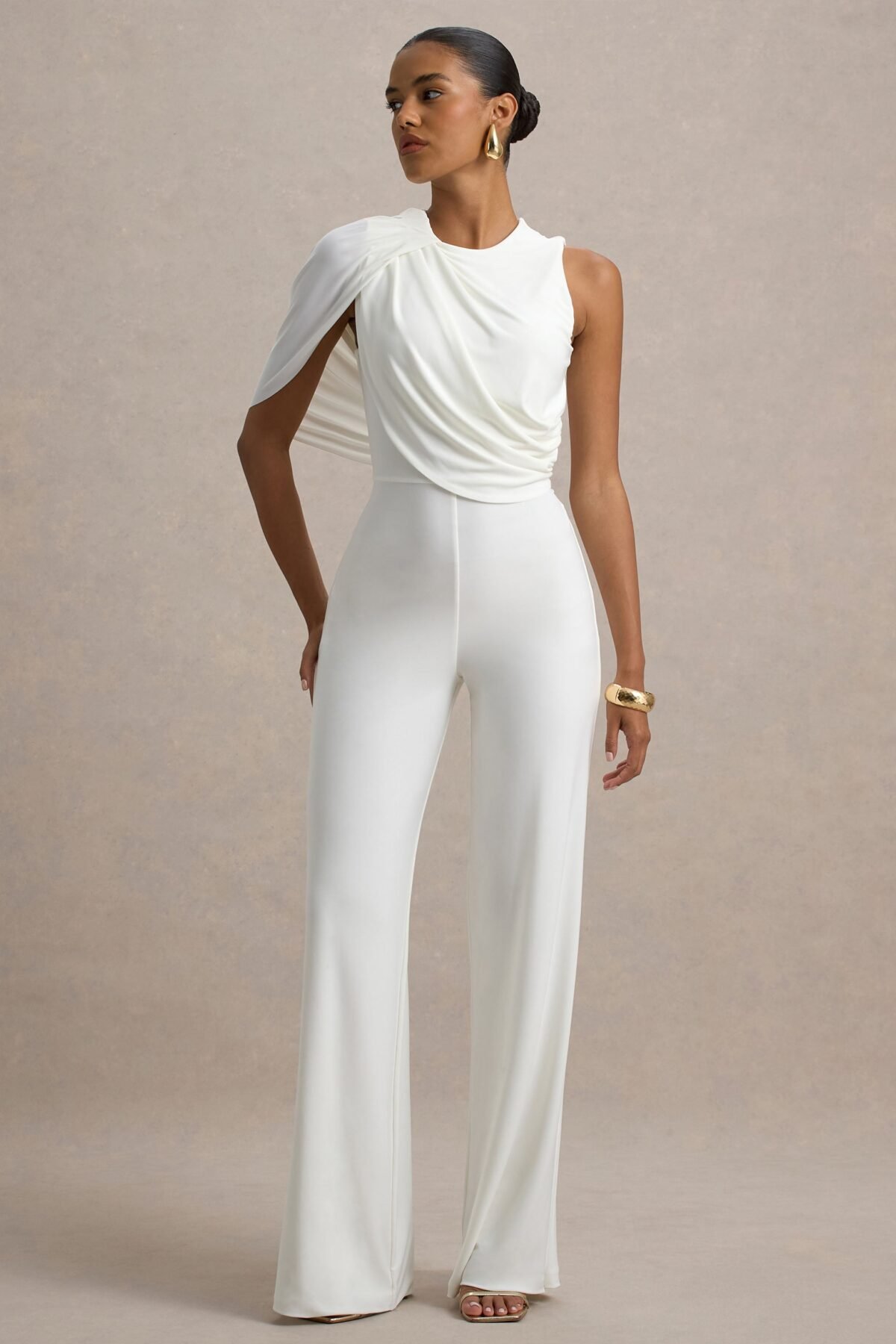 White Jumpsuit With Cape Sleeve and Draped Details