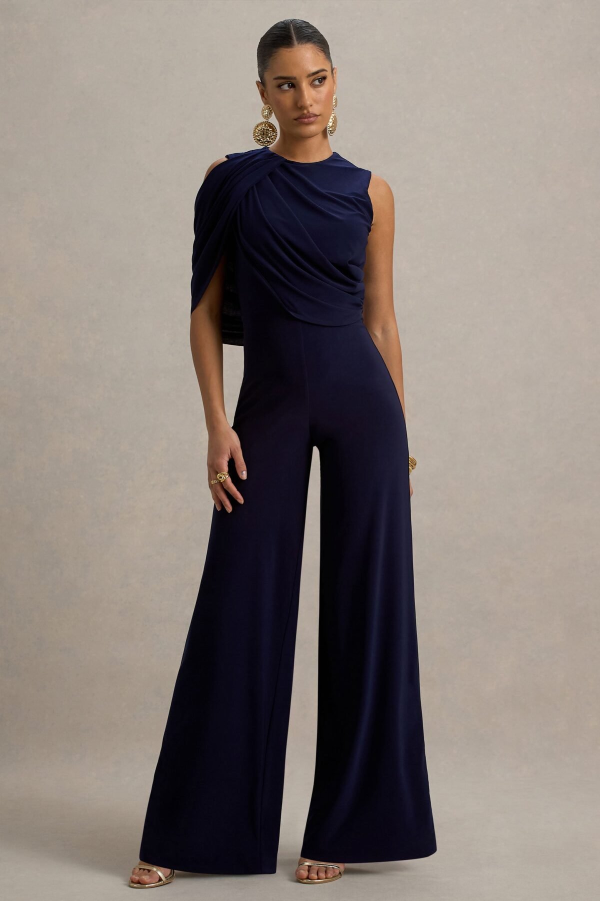 Navy Jumpsuit With Cape Sleeve and Draped Details