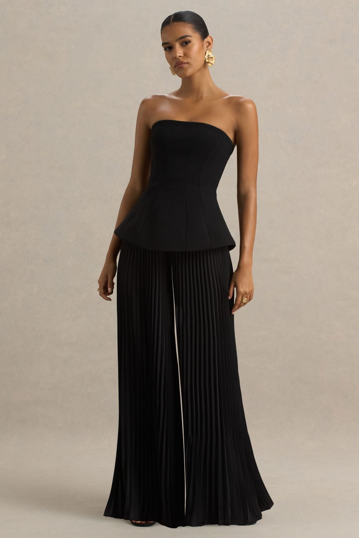 Black Bandeau Jumpsuit With Pleated Trouser