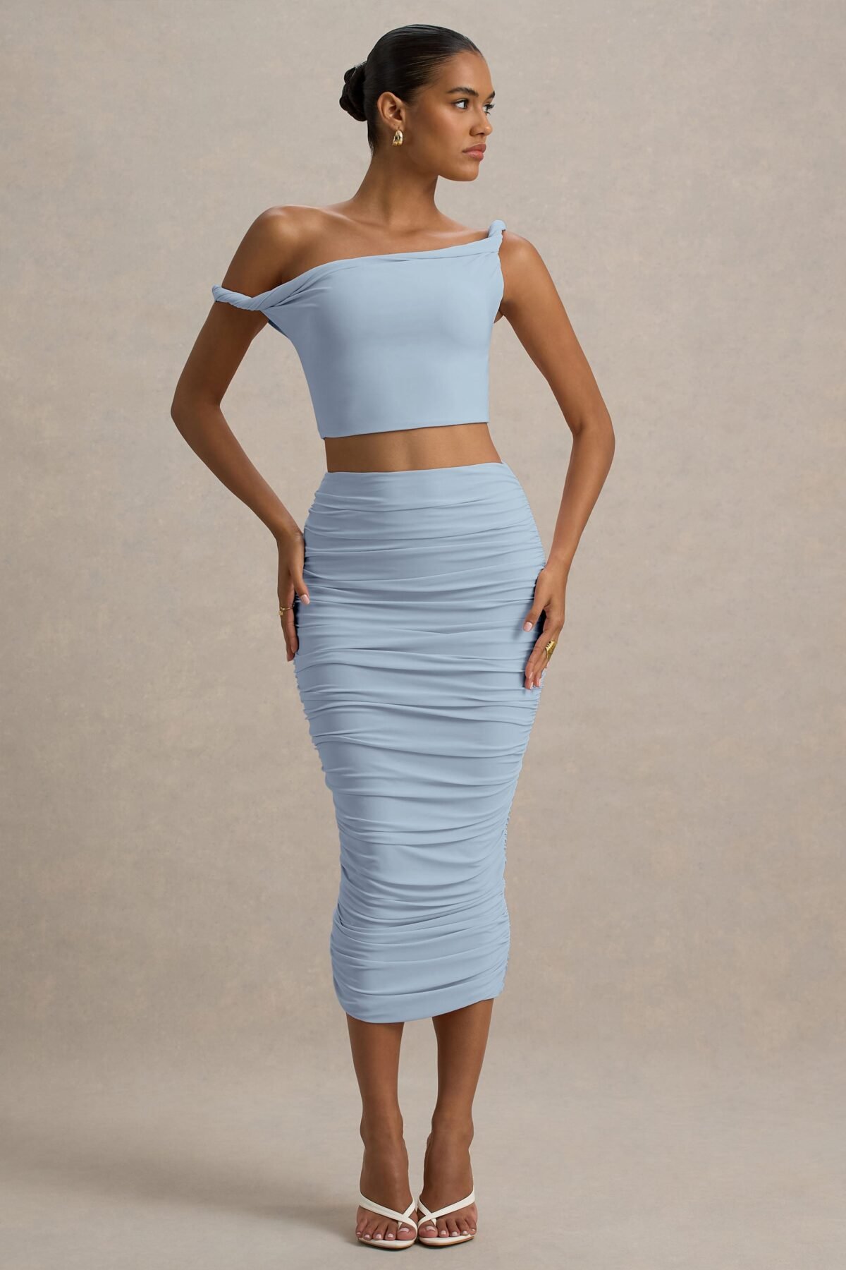 Powder Blue Ruched Midi Skirt