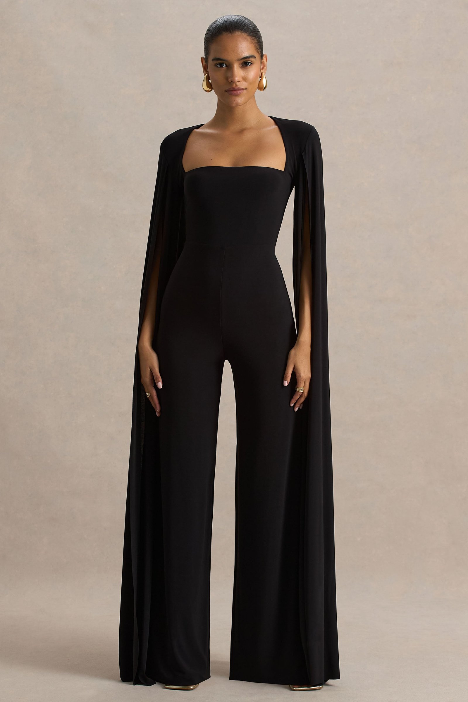 Black Square-Neck Jumpsuit With Cape Sleeves