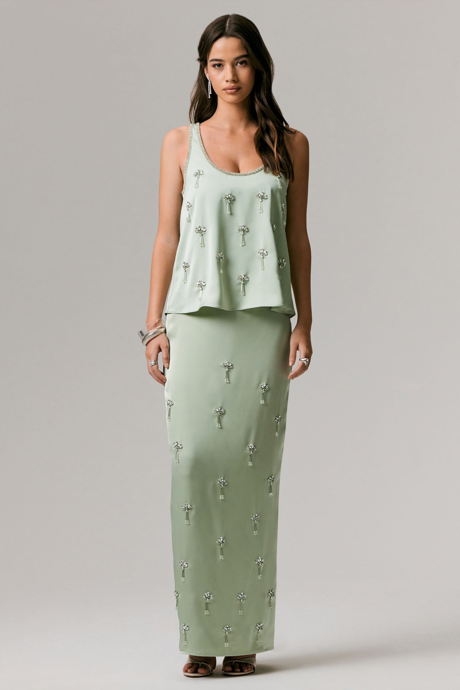 Mint Satin Embellished Maxi Skirt