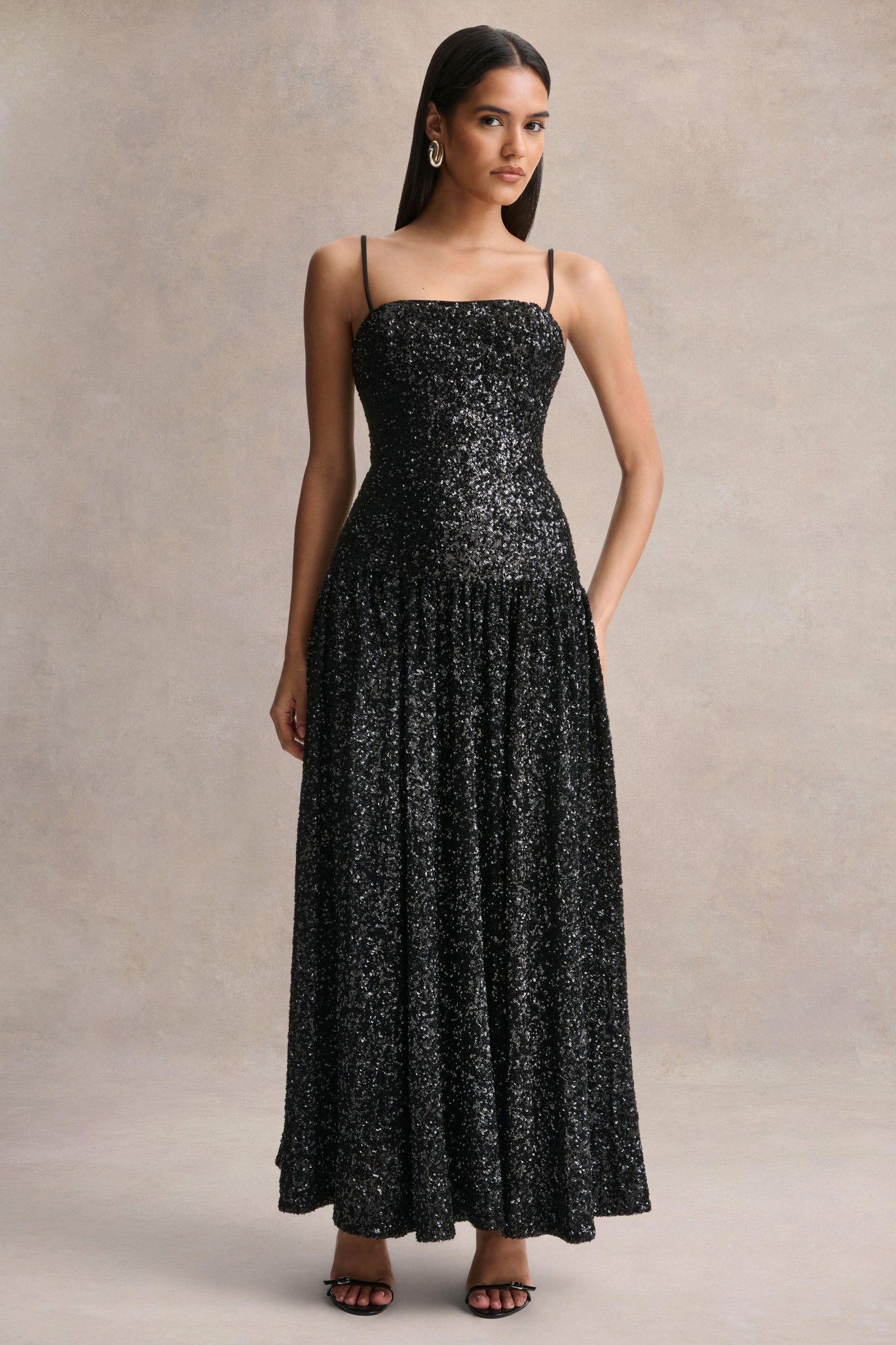 Black Sequin Square-Neck Maxi Dress With Pleated Skirt
