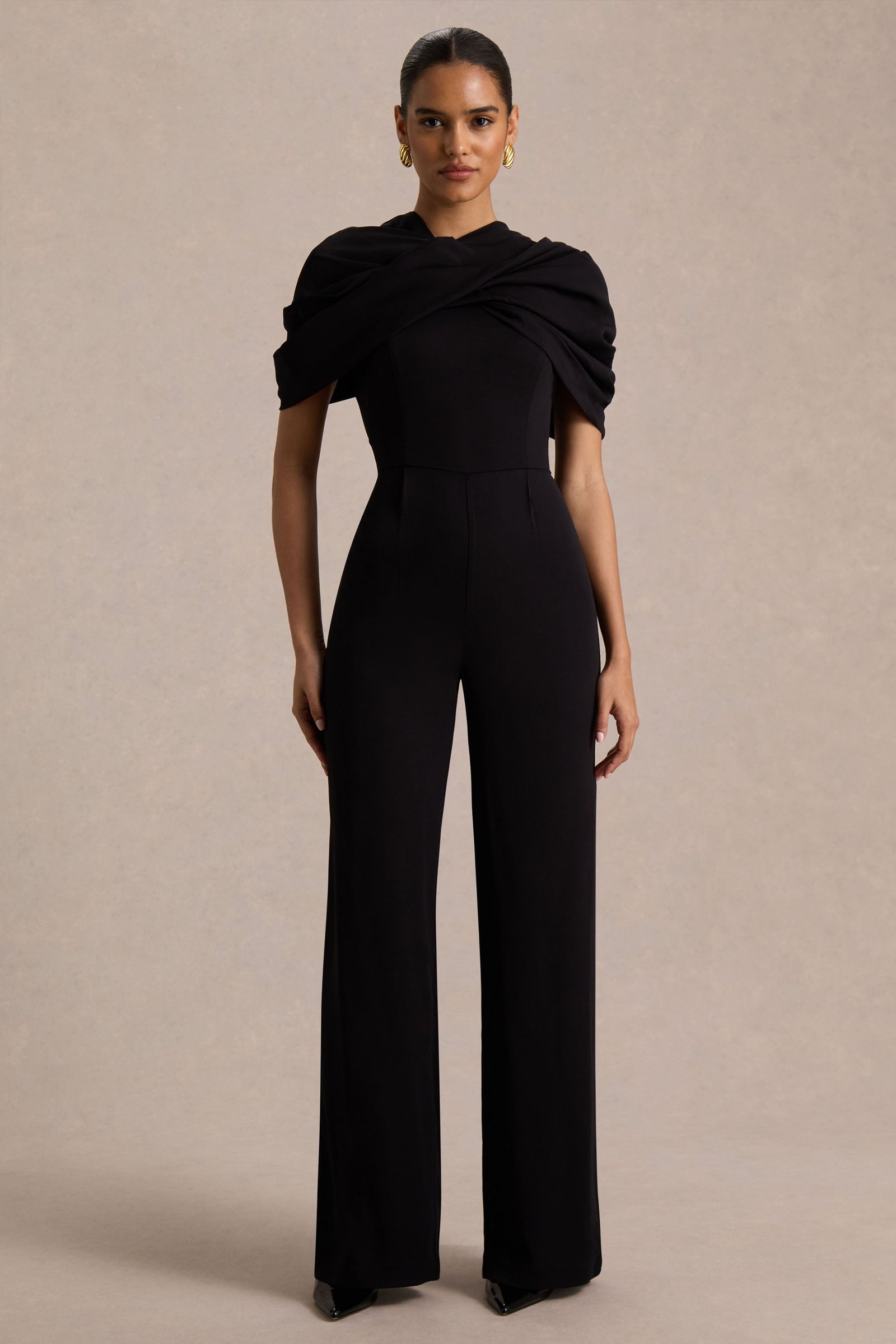 Black Asymmetric-Neck Jumpsuit With Twisted Cape Detail