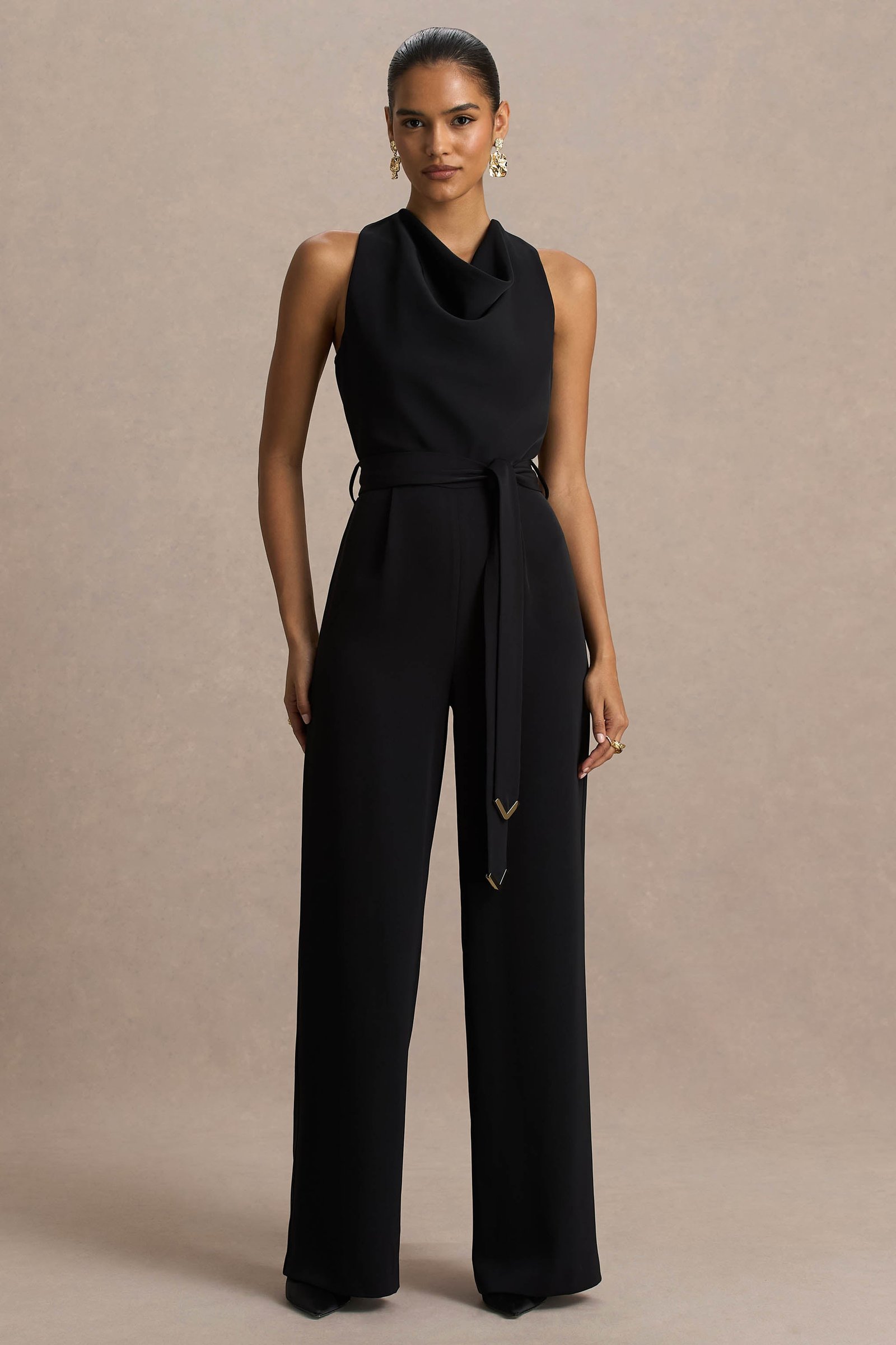 Black Cowl-Neck Jumpsuit With Tie-Detail