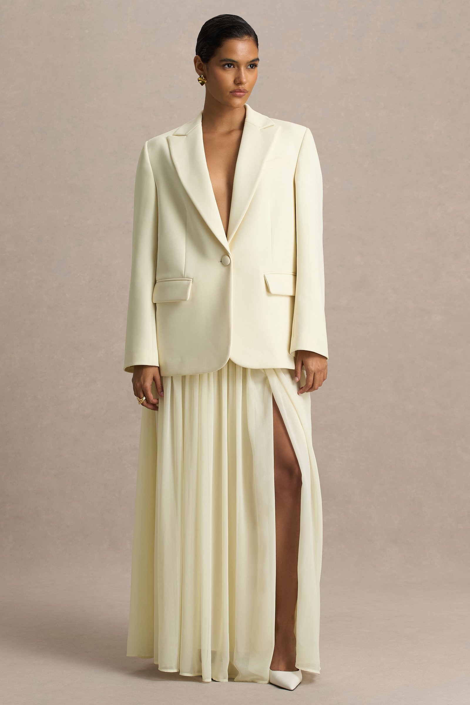 Cream Chiffon Pleated Maxi Skirt