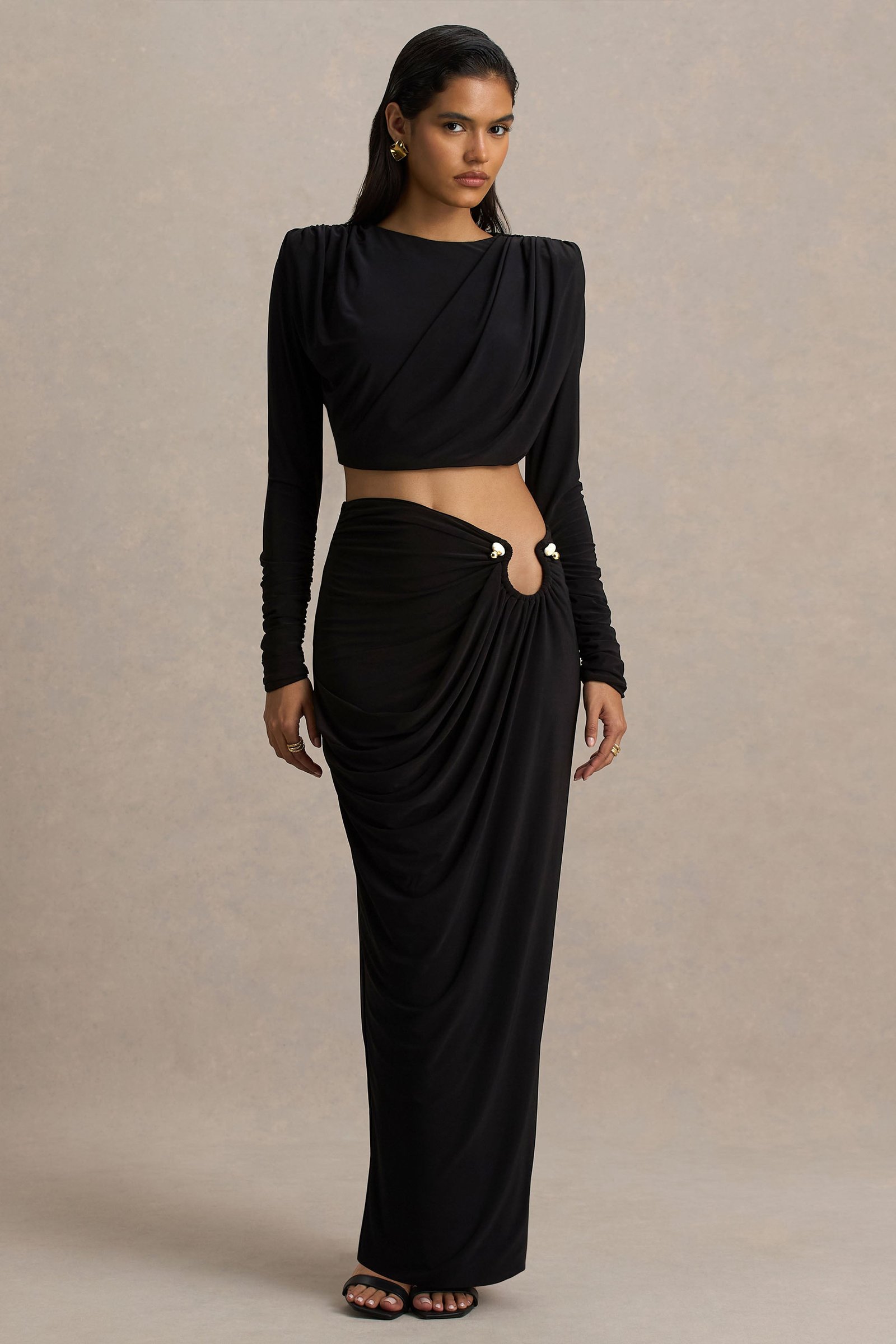 Black Wrap Maxi Skirt With Ruched Detailing