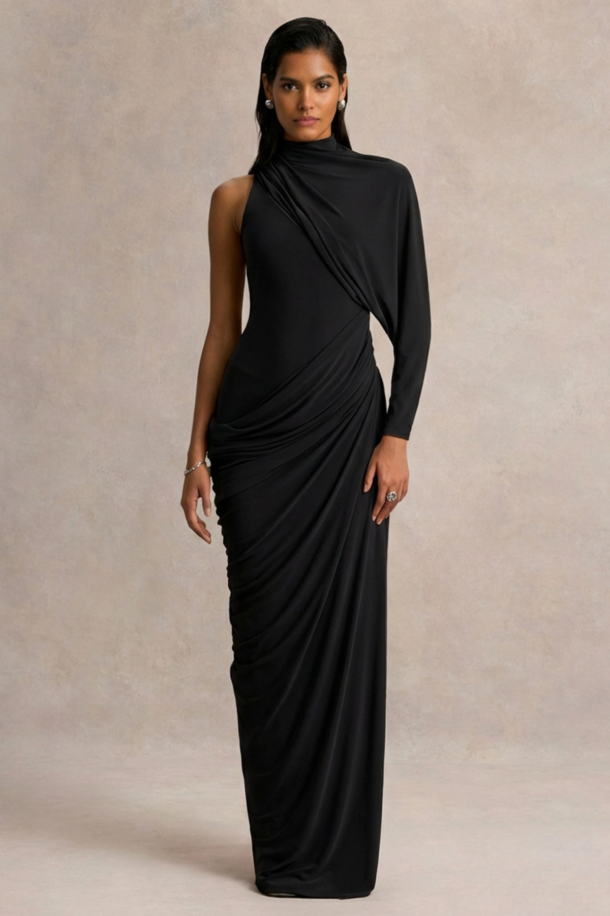Black High-Neck Maxi Dress With Cape-Sleeve