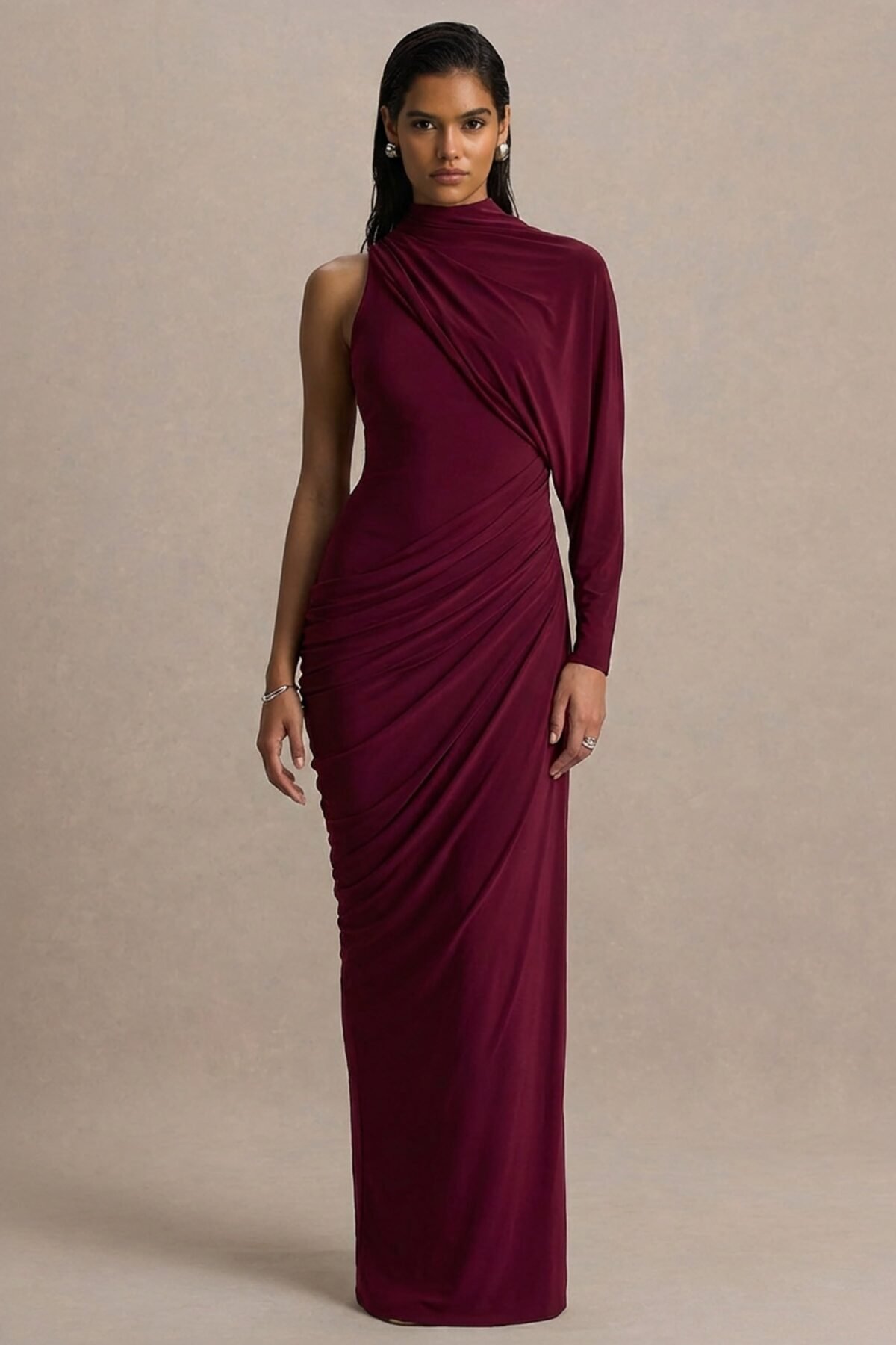 Burgundy High-Neck Maxi Dress With Cape-Sleeve