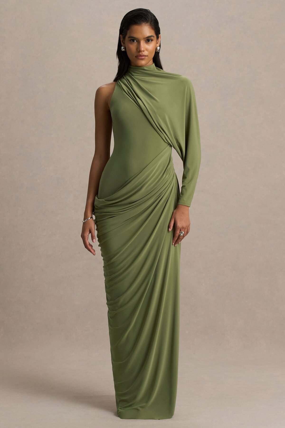 Green High-Neck Maxi Dress With Cape-Sleeve