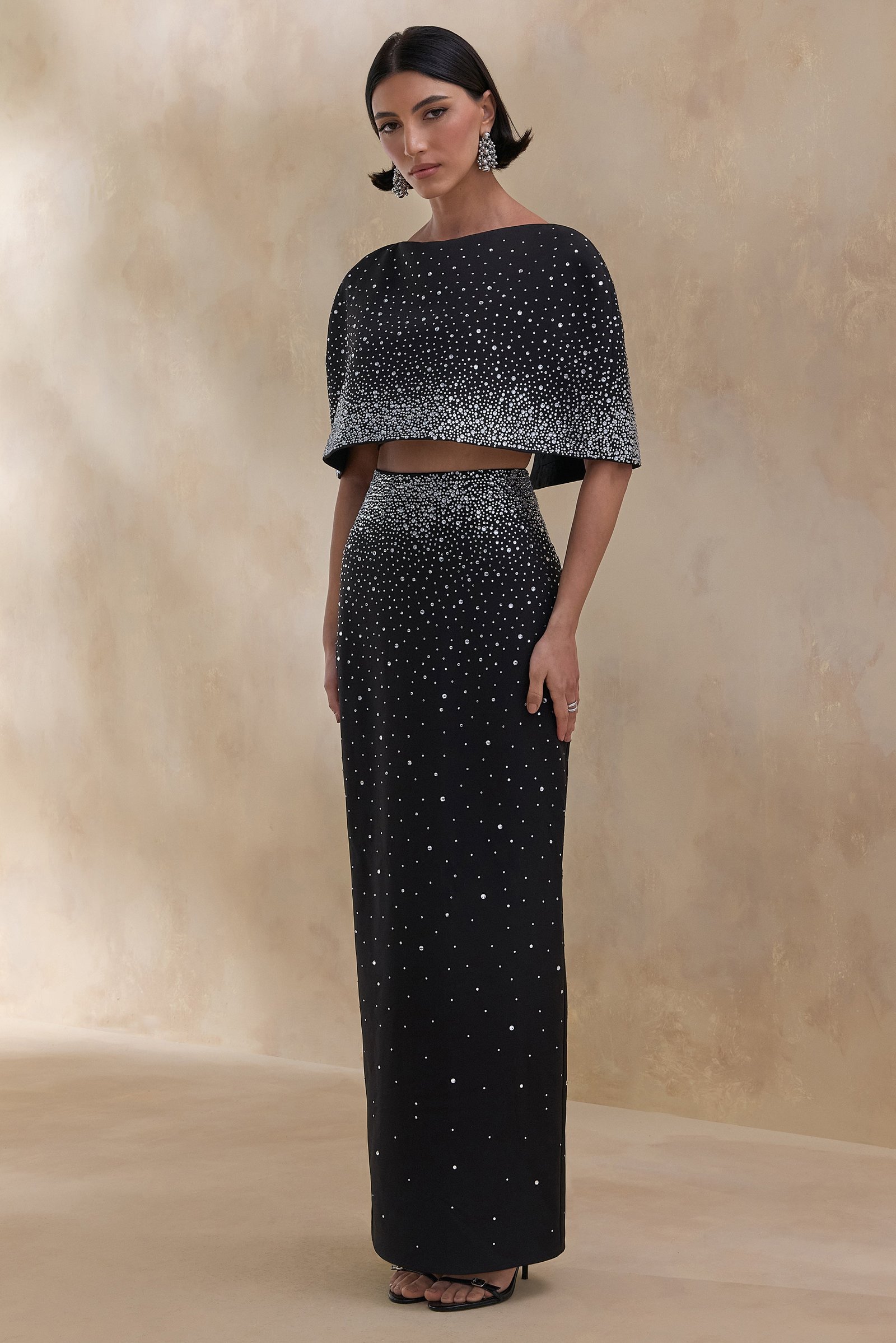 Black Hand-Embellished Maxi Skirt