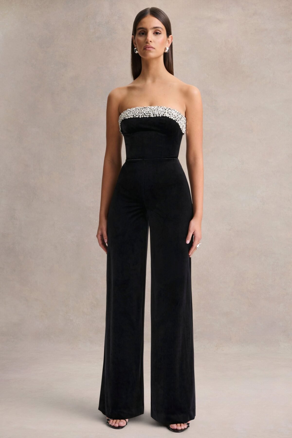 Black Velvet Hand-Embellished Bandeau Jumpsuit