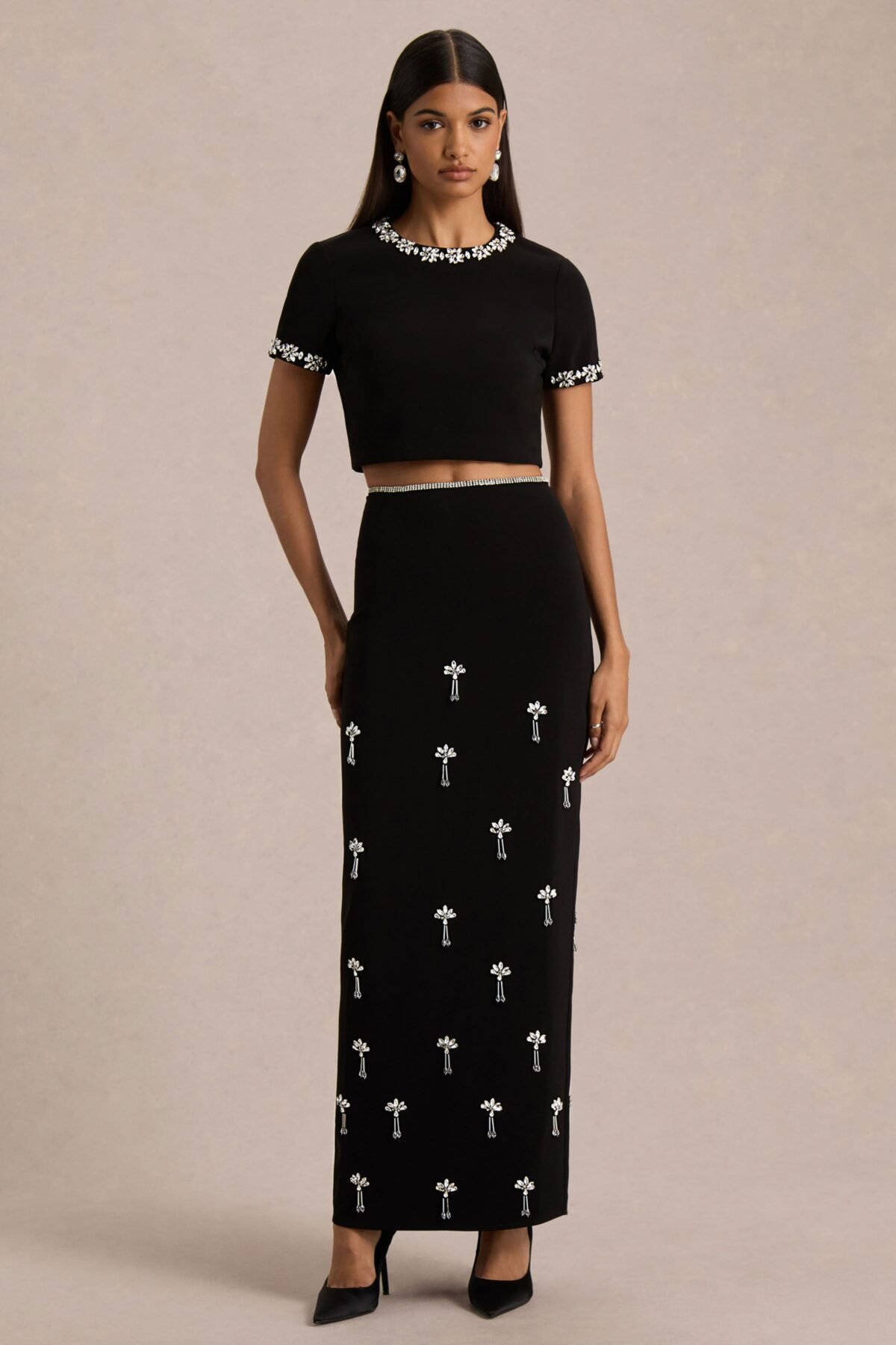 Black Hand-Embellished Maxi Skirt