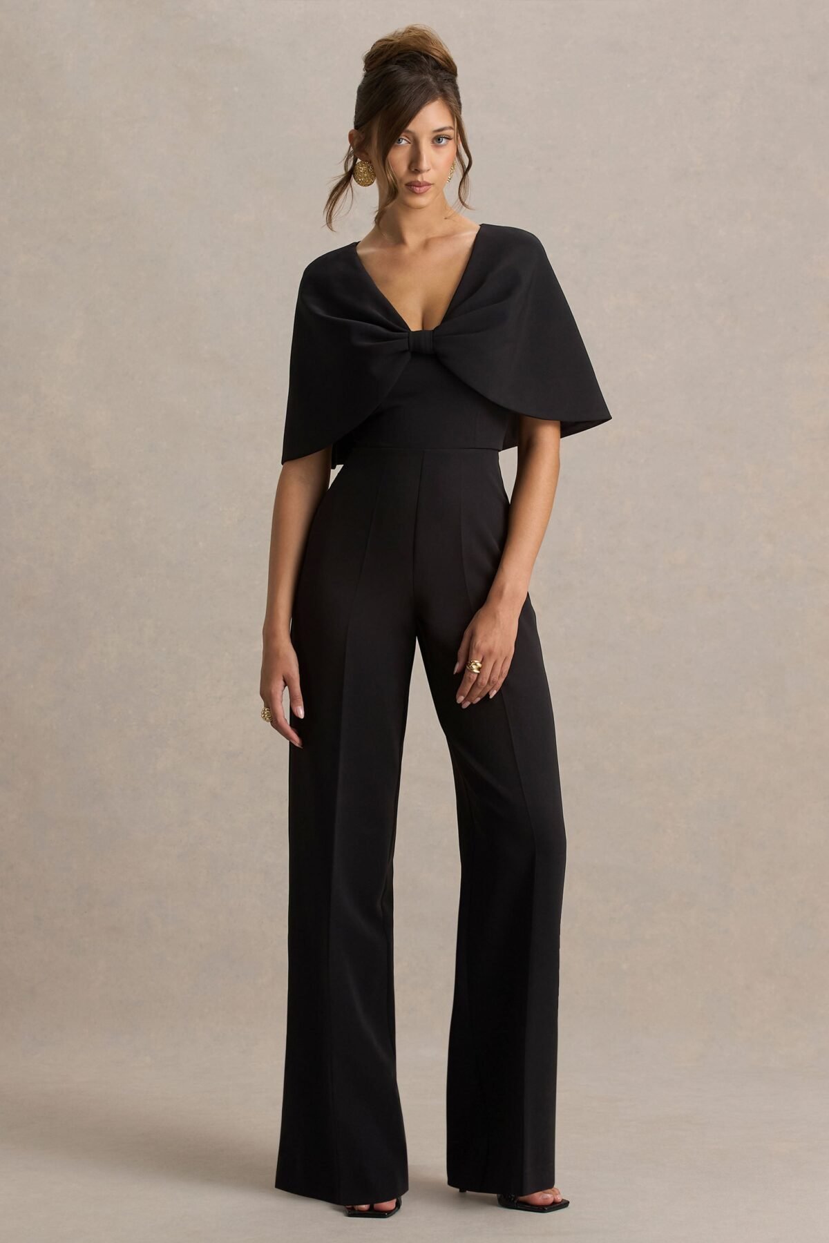 Black Plunge-Neck Jumpsuit With Bow-Detail