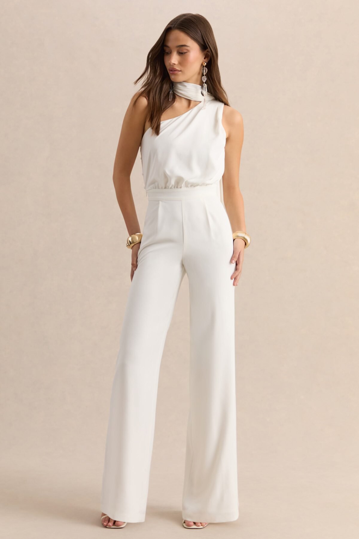 White Asymmetric-Neck Jumpsuit With Scarf-Detail