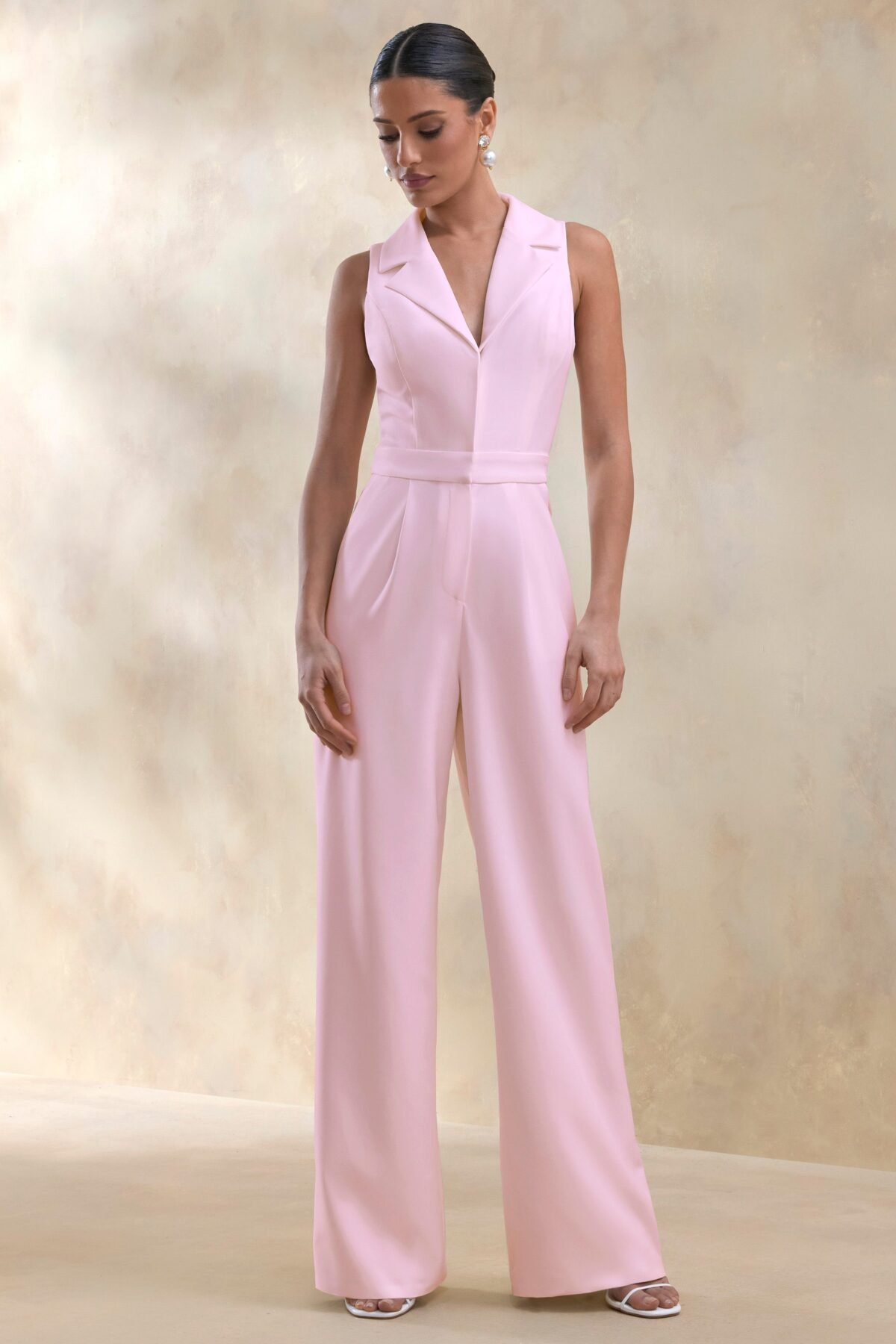 Light Pink Plunge-Neck Tailored Jumpsuit