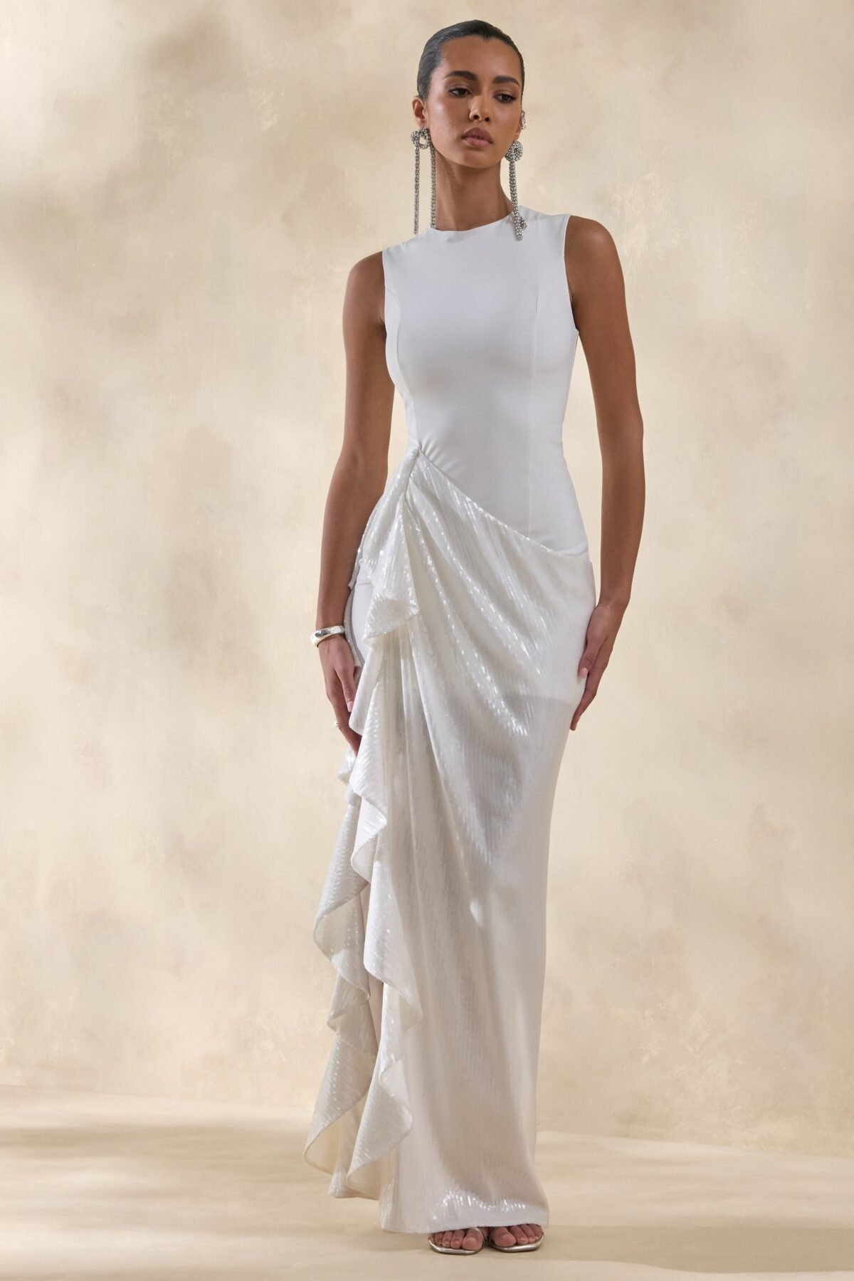 White Crew-Neck Maxi Dress With Sheer Skirt And Ruffled Detailing
