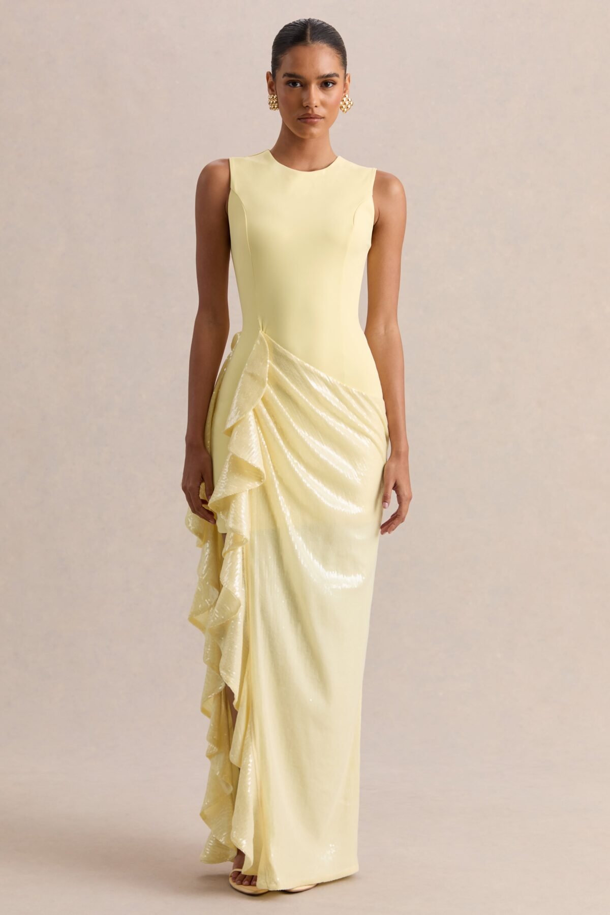 Lemon Crew-Neck Maxi Dress With Sheer Skirt And Ruffled Detailing