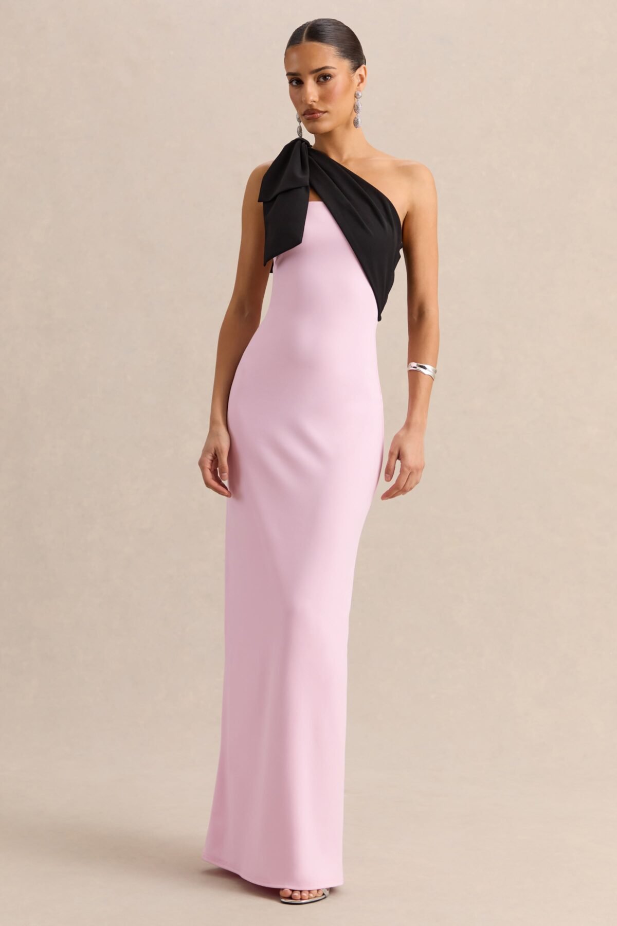 Pink And Black Asymmetric-Neck Maxi Dress With Bow-Detail