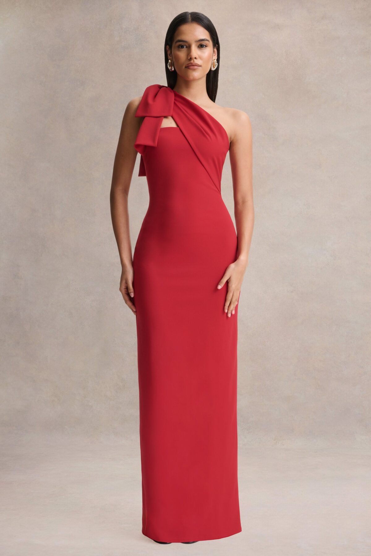 Red Asymmetric-Neck Maxi Dress With Bow-Detail