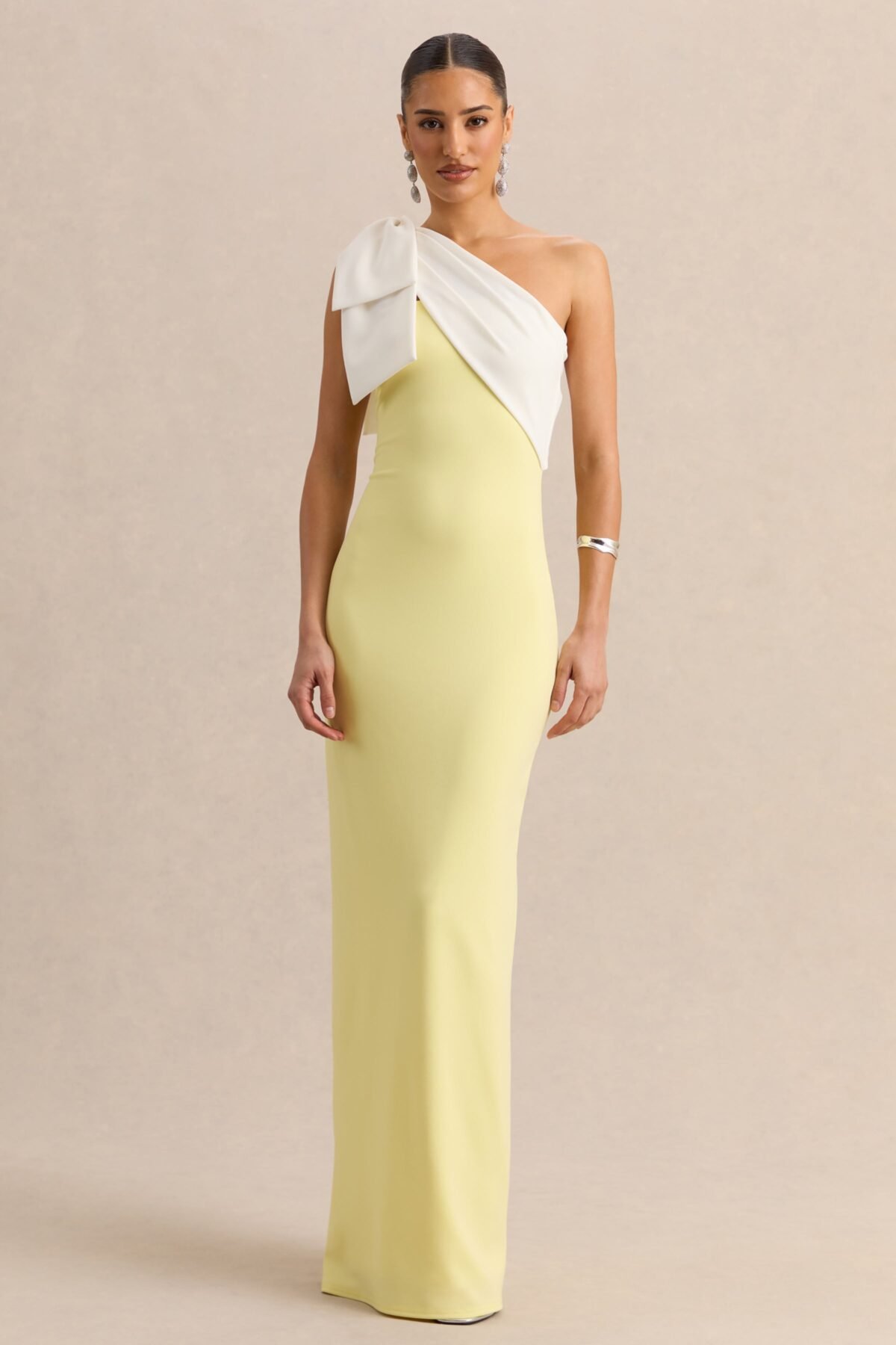 Lemon And White Asymmetric-Neck Maxi Dress With Bow-Detail
