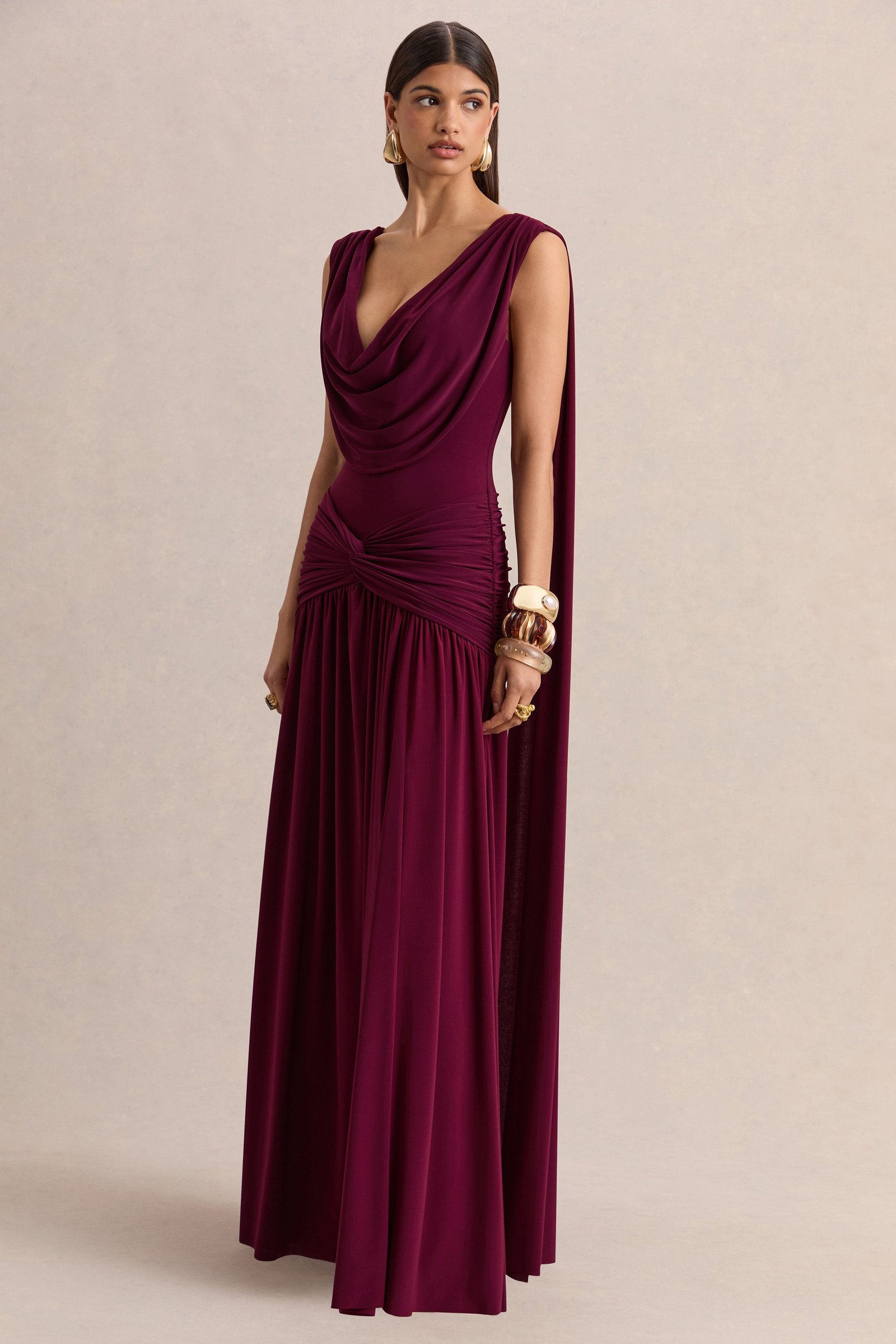 Burgundy Plunge-Neck Maxi Dress With Ruched-Detailing