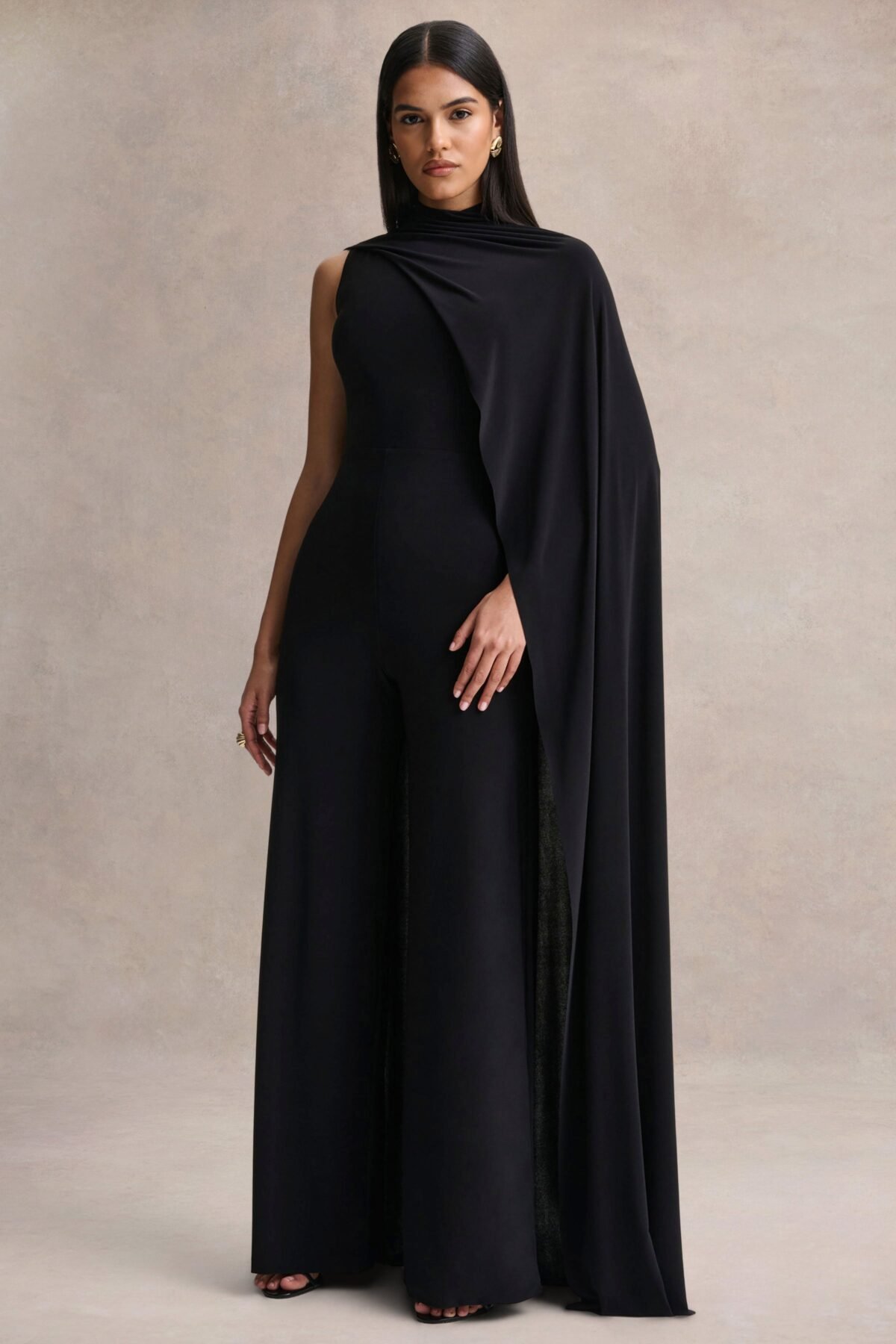 Black High-Neck Jumpsuit With Cape