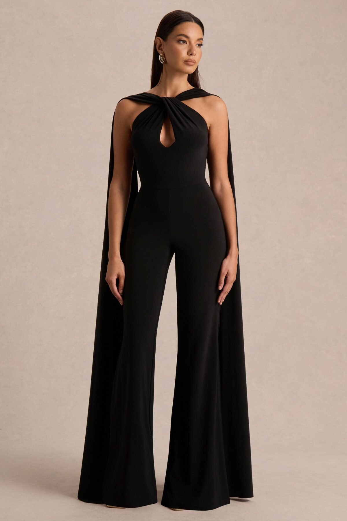 Black Twist Halter-Neck Jumpsuit With Cape
