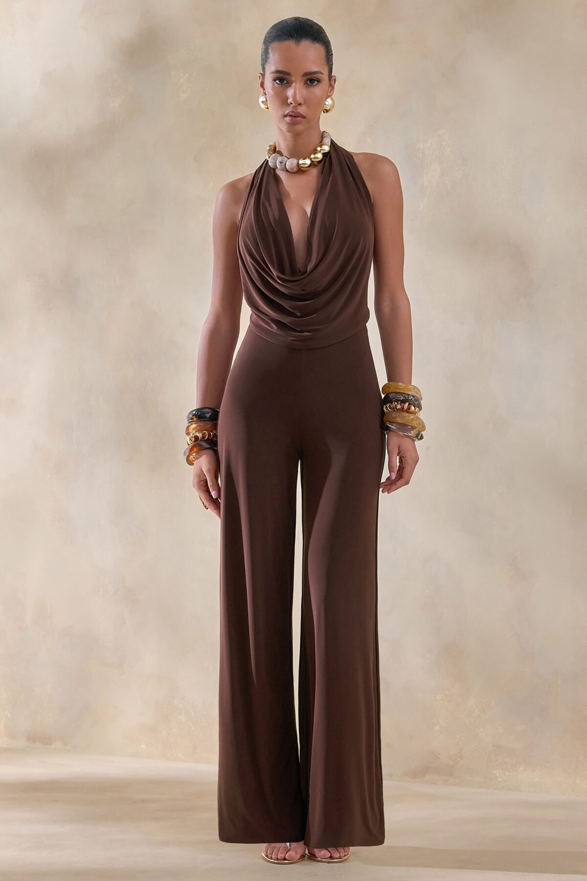 Brown Plunge-Neck Jumpsuit