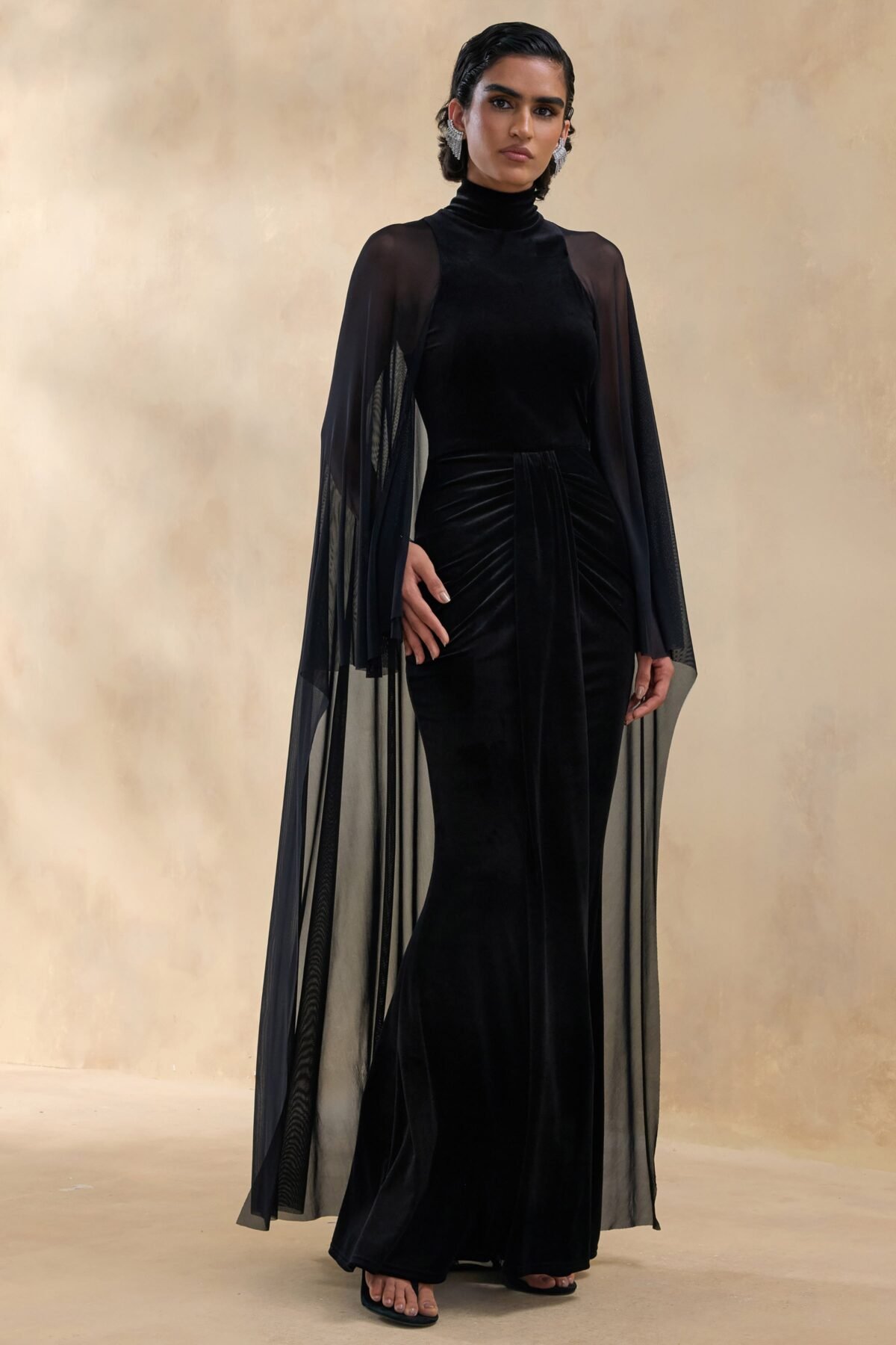 Black Velvet High-Neck Maxi Dress With Cape