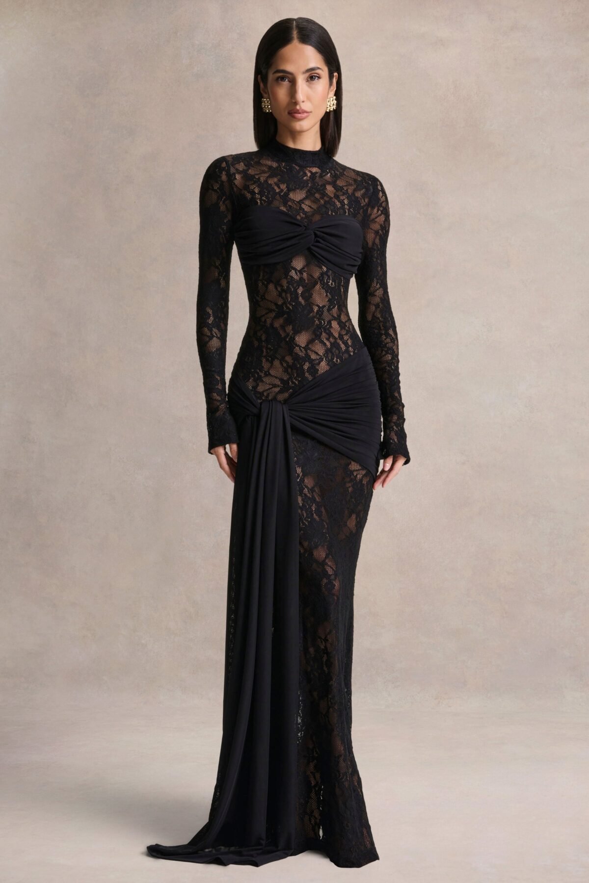 Black Lace Maxi Dress With Sash-Detail